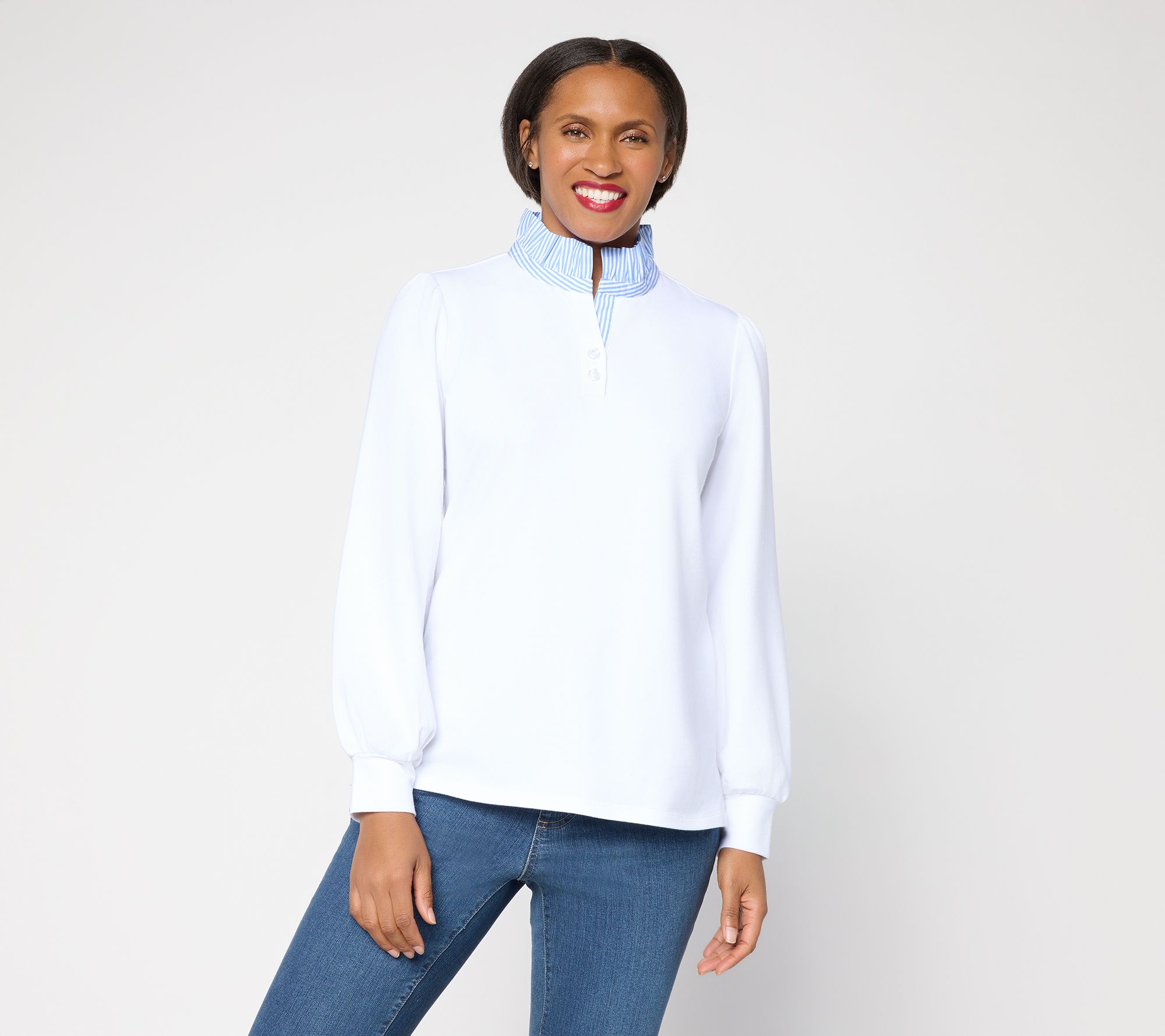 "As Is" Belle by Kim Gravel French Terry Ruffle Regatta Striped Top