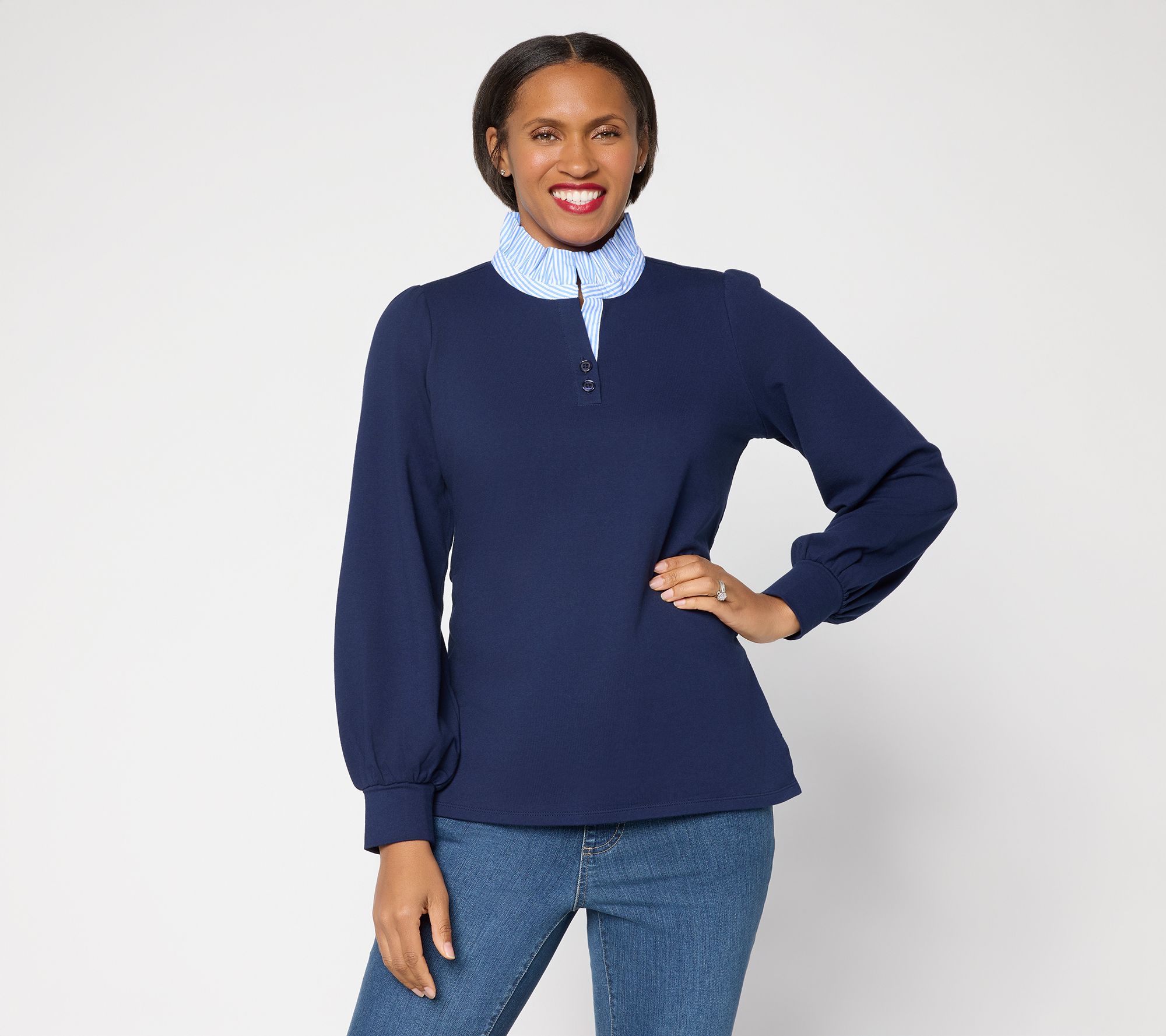 "As Is" Belle by Kim Gravel French Terry Ruffle Regatta Striped Top