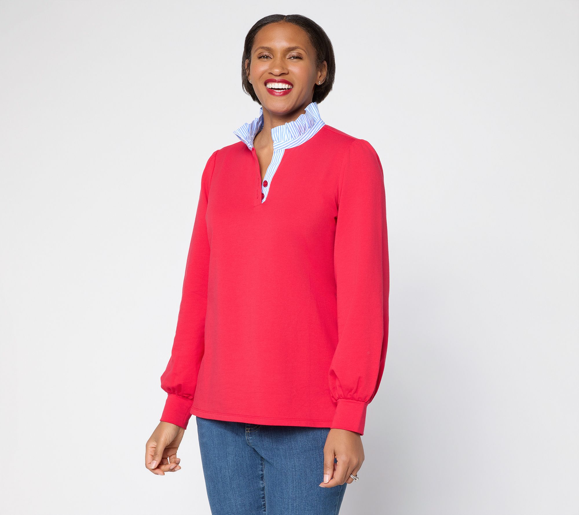 "As Is" Belle by Kim Gravel French Terry Ruffle Regatta Striped Top