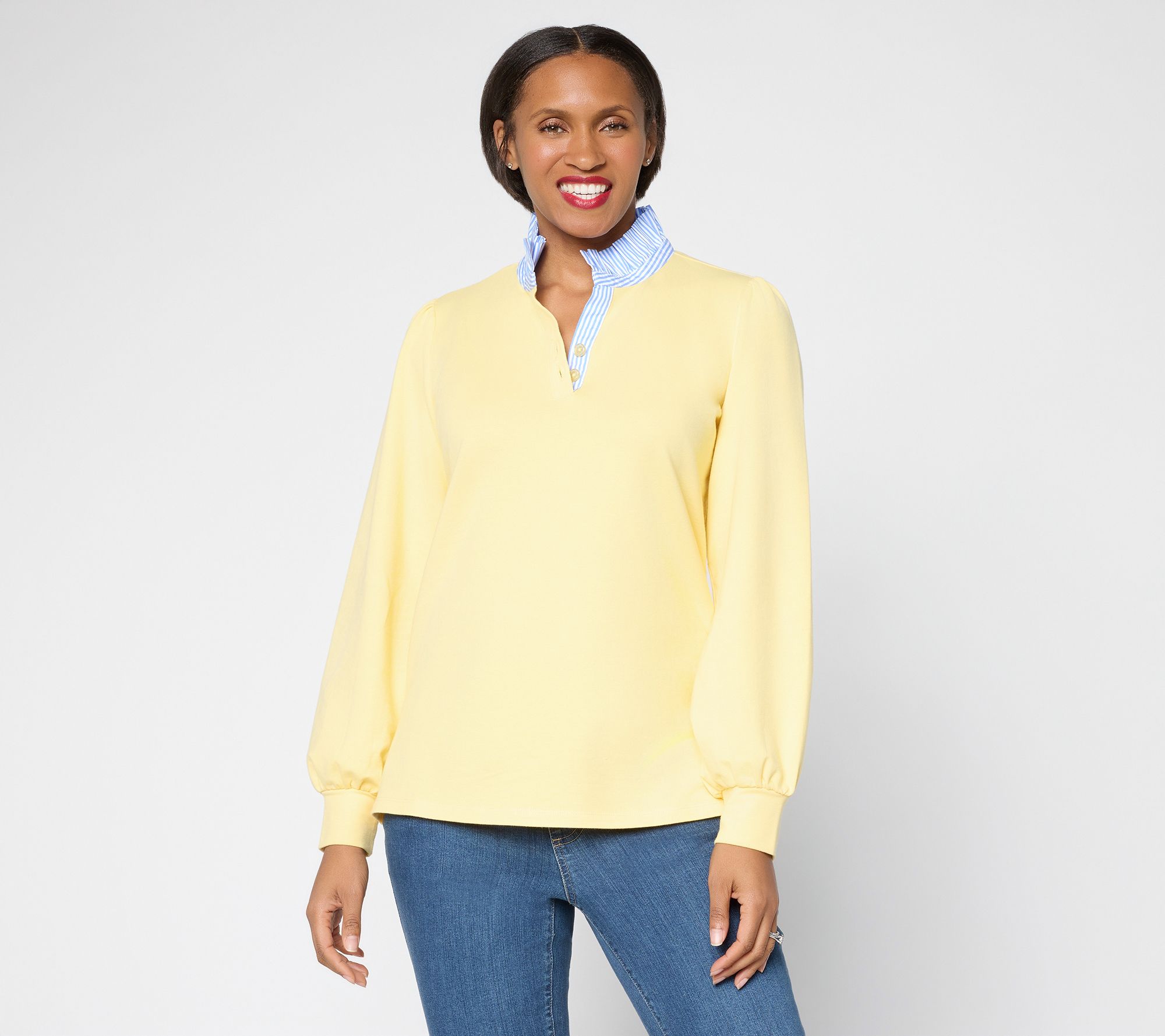 "As Is" Belle by Kim Gravel French Terry Ruffle Regatta Striped Top