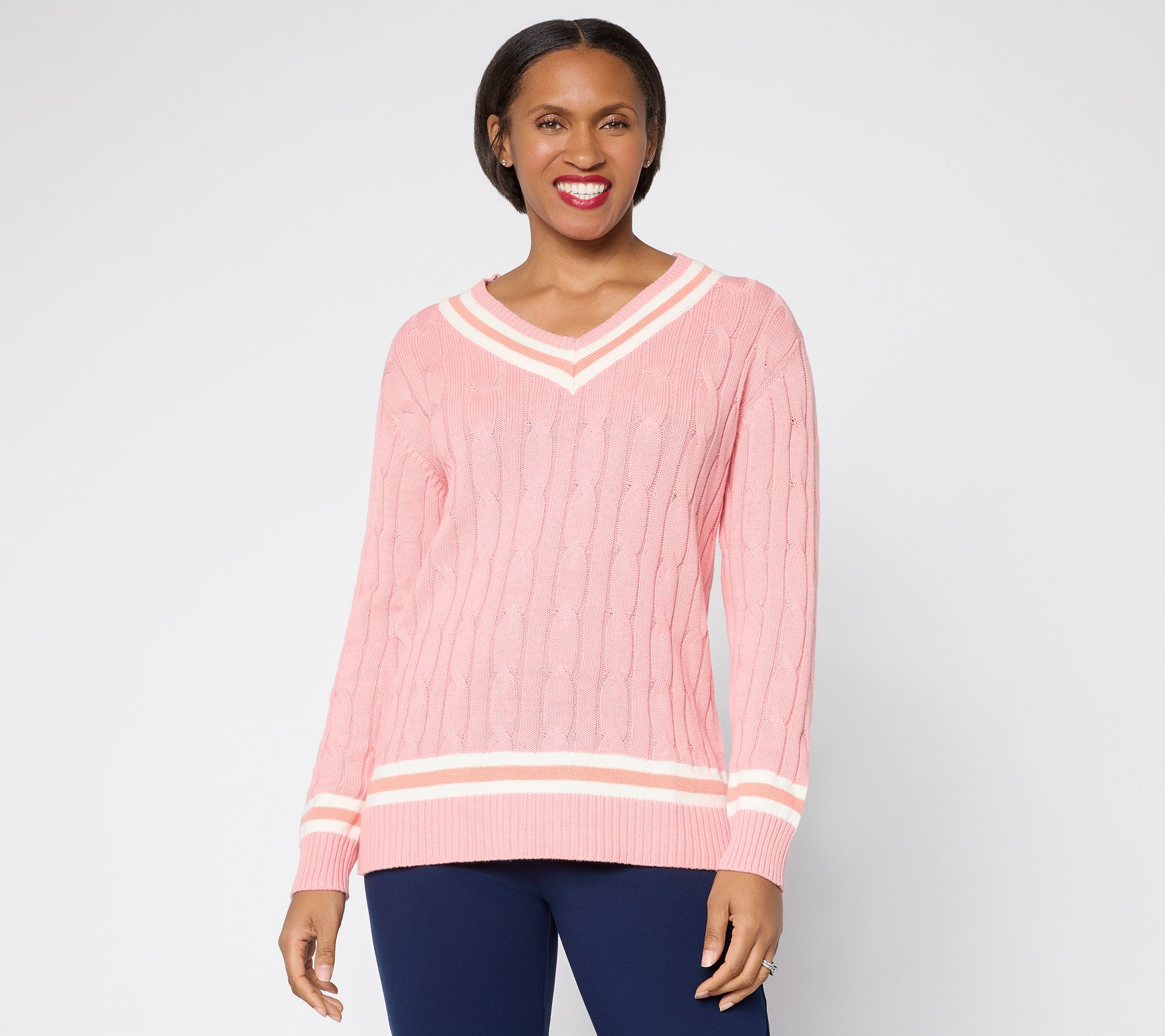 "As Is" Joan Rivers Cable Knit V-Neck Sweater with Tipping