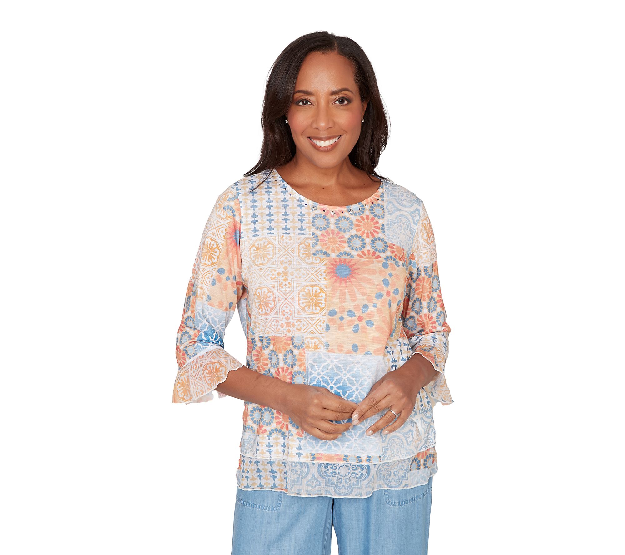 Alfred Dunner Petite Patchwork Medallion RuffleSleeve Top