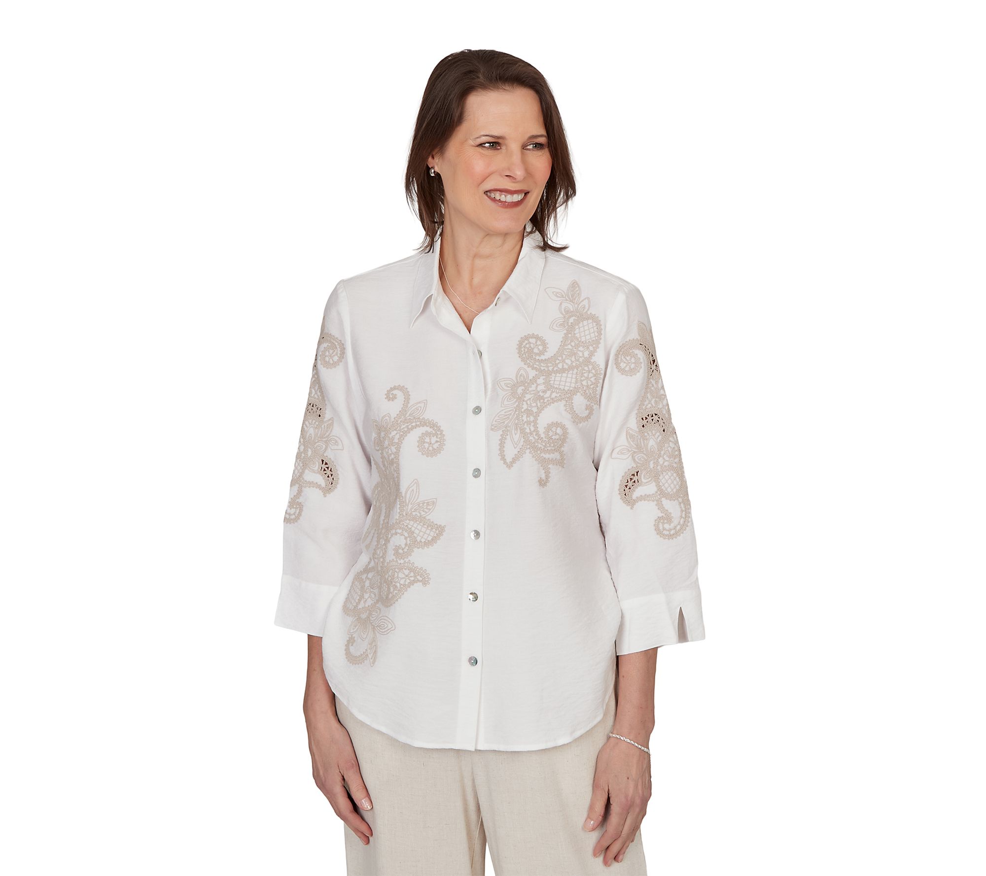 Alfred Dunner Petite Scroll Soutache Button Front Top