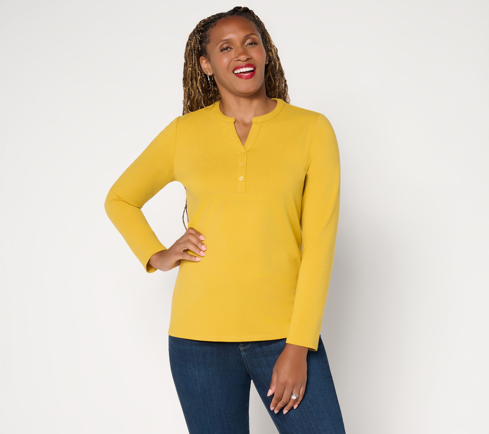  Denim & Co. Essentials Perfect Jersey Y-Neck Top with Buttons