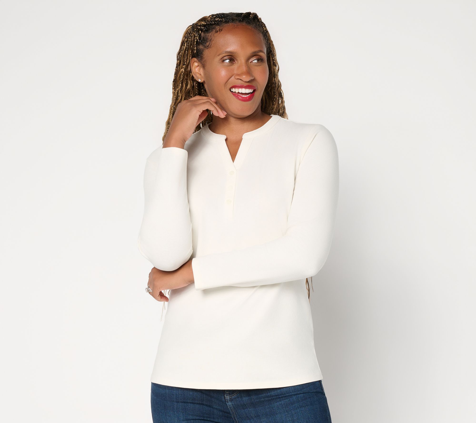Denim & Co. Essentials Perfect Jersey Y-Neck Top with Buttons