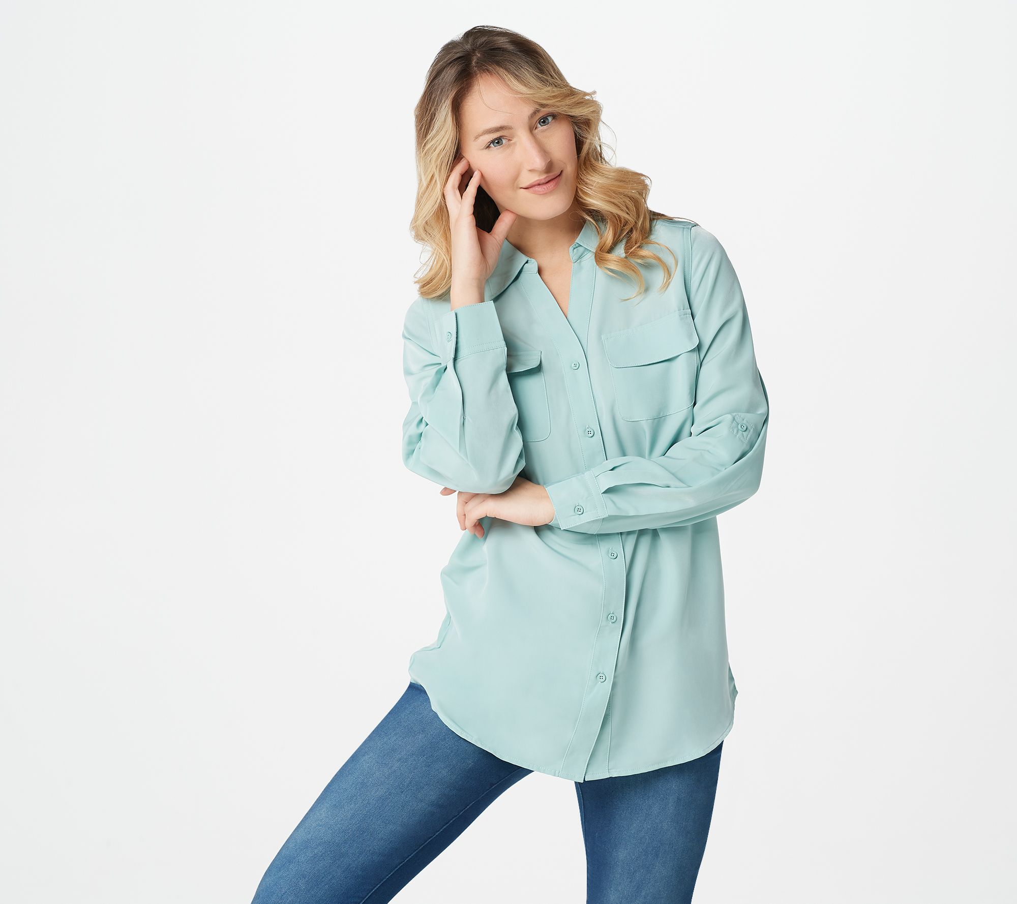 Denim & Co. Roll Tab Sleeve Button Front Soft Utility Tunic
