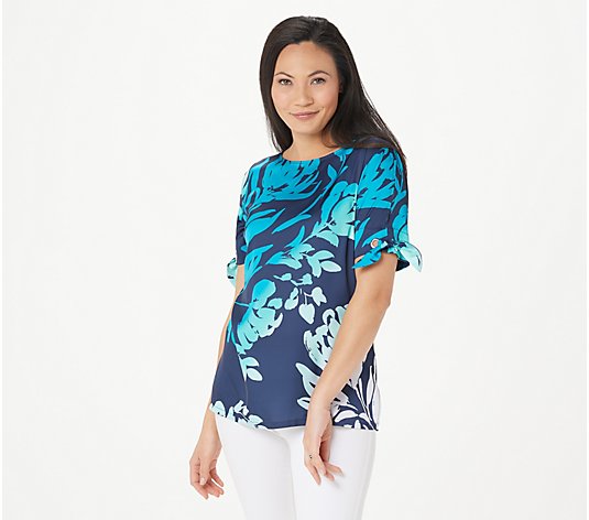Susan Graver Printed Stretch Charmeuse Top with Liquid Knit Back