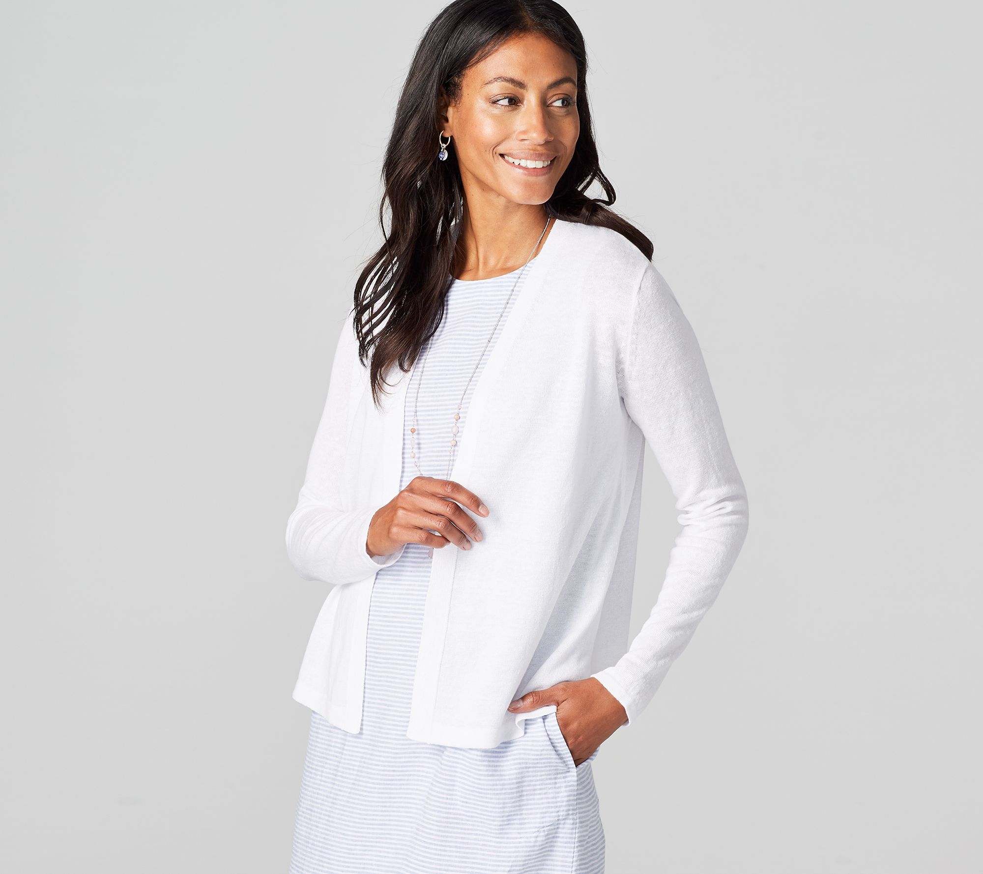 J. Jill Vest Womens Small Linen Blend Open Front White Collar Short Sleeve