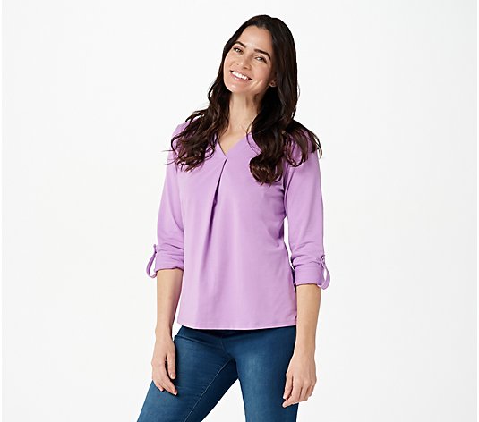 Denim & Co. Essentials Jersey V-Neck Top with Roll Tab Sleeves