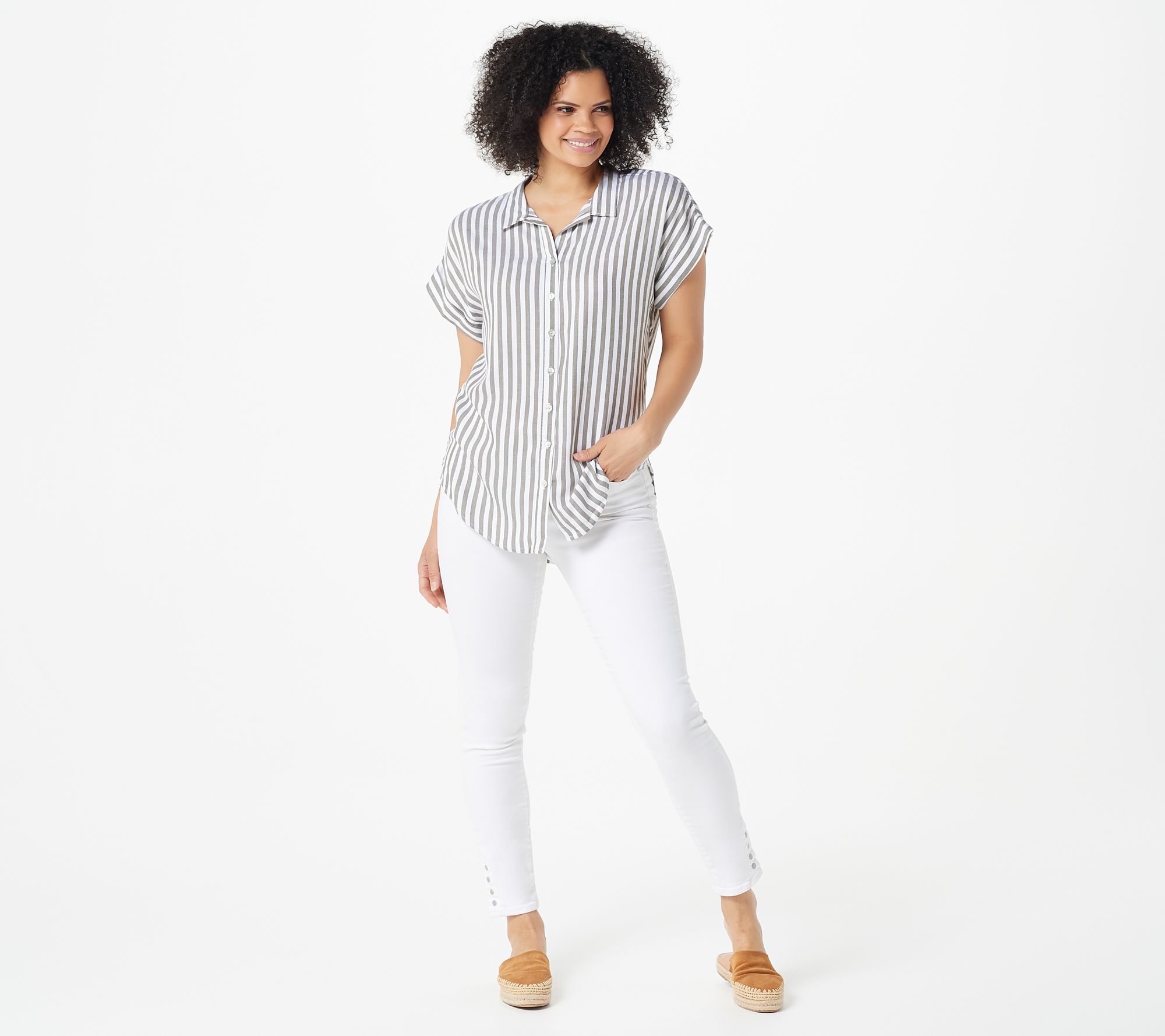 As Is Denim And Co Naturals Striped Button Front Top 