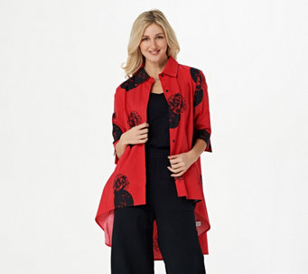 Truth + Style Printed Poplin High-Low Button Front Shirt - A394285