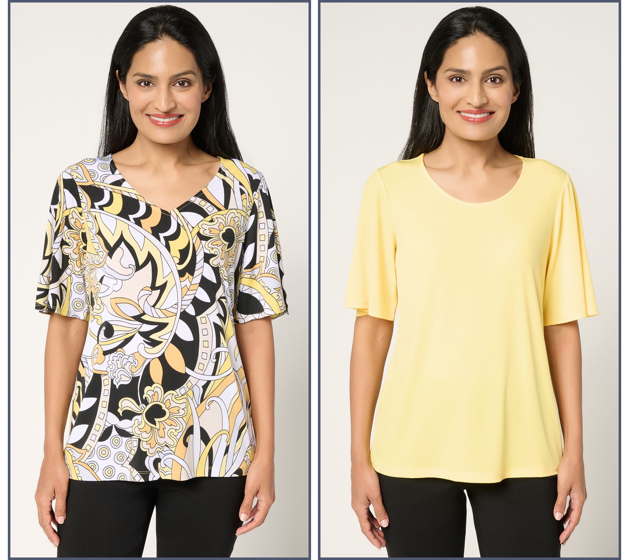 Susan Graver Set of Two Print & Solid Liquid Knit Tops