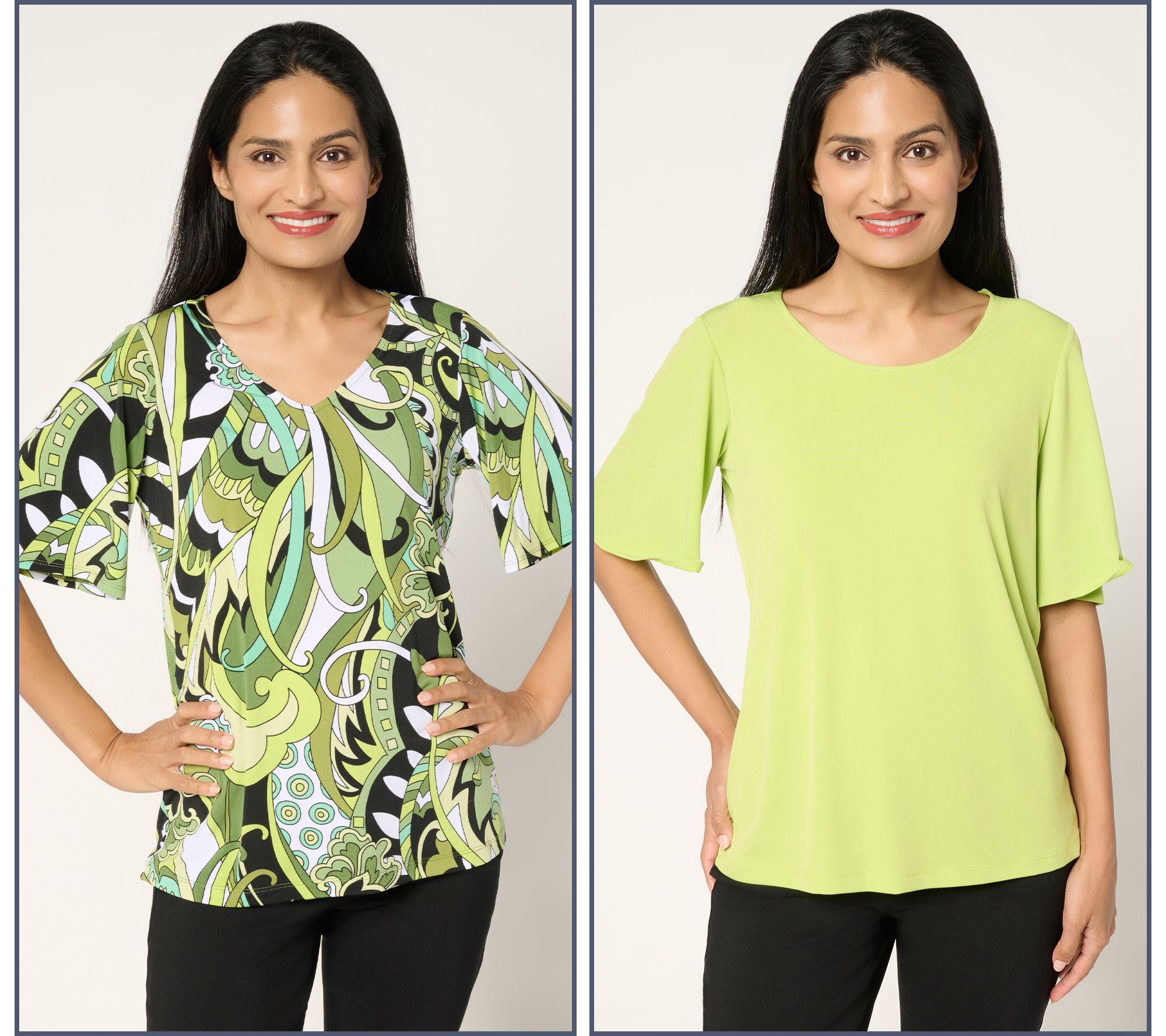 Susan Graver Set of Two Print & Solid Liquid Knit Tops