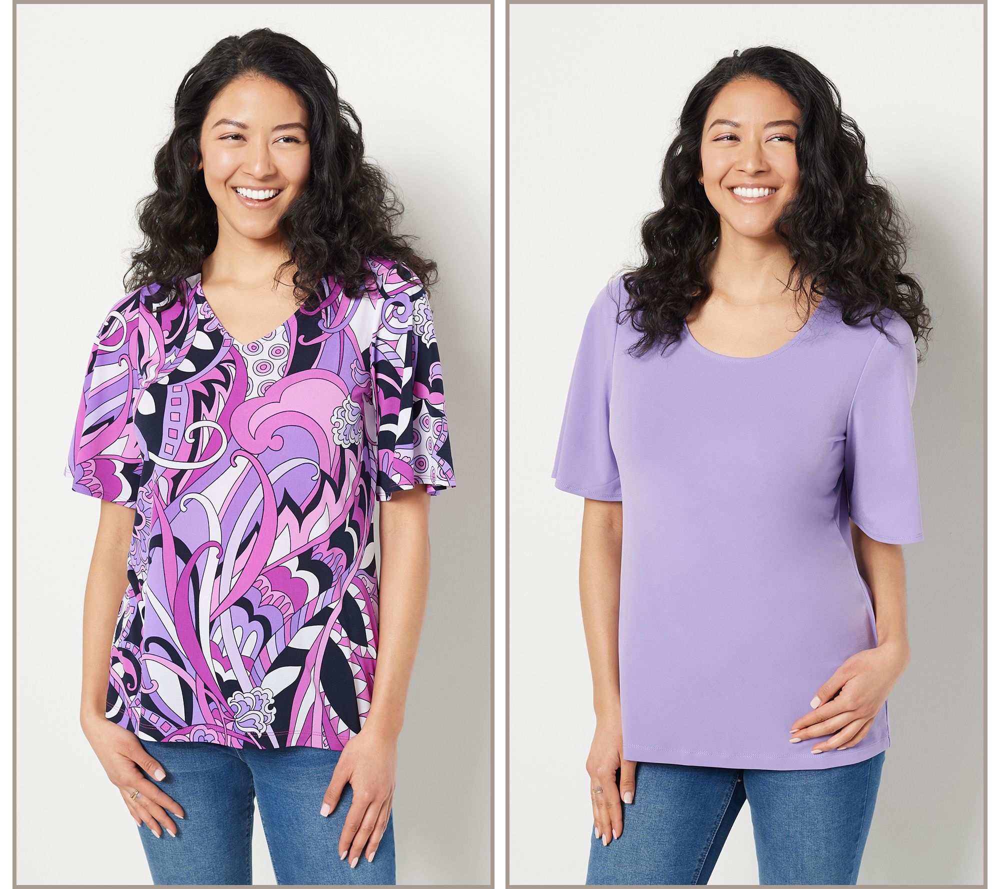 Susan Graver Set of Two Print & Solid Liquid Knit Tops