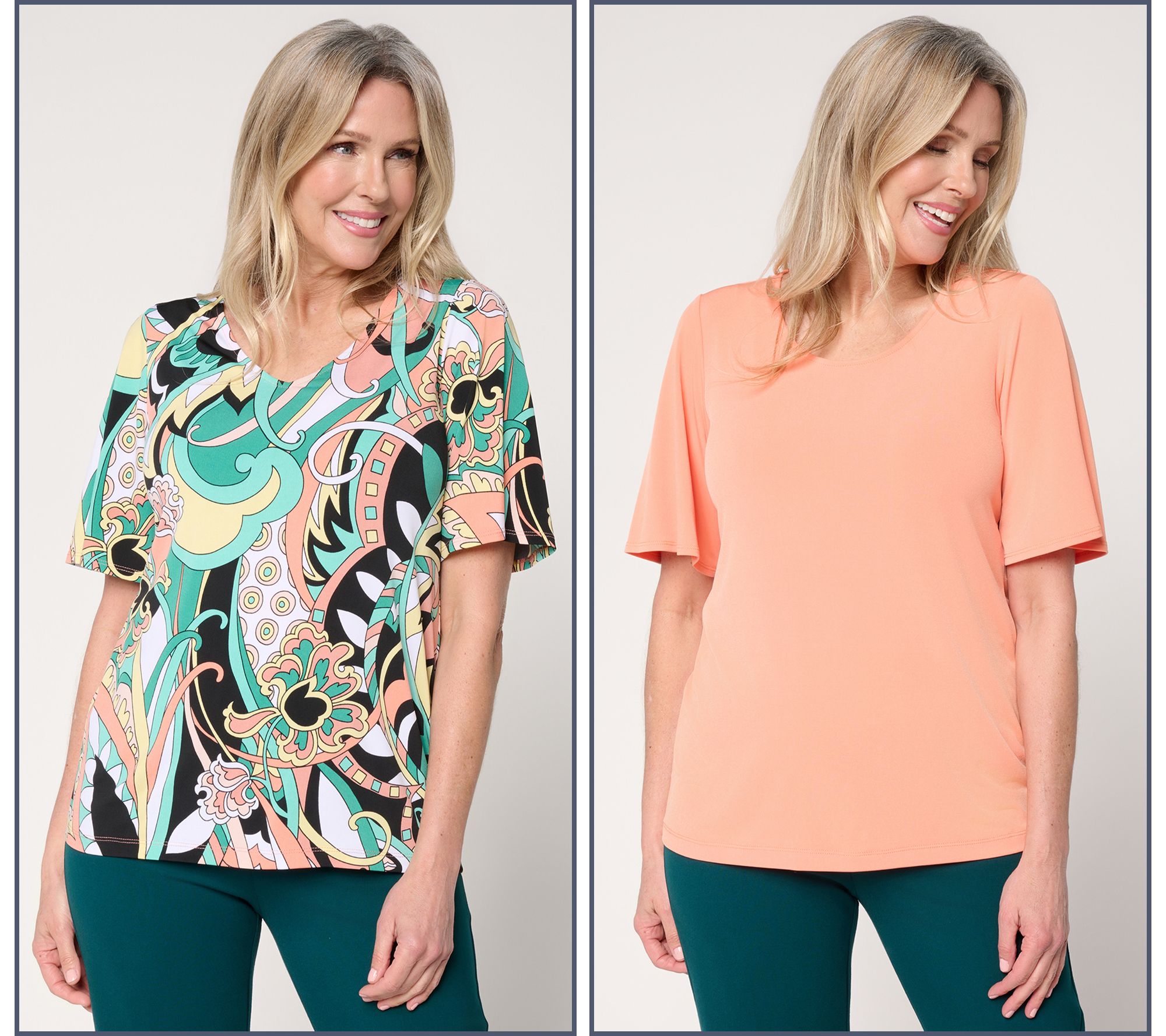 Susan Graver Set of Two Print & Solid Liquid Knit Tops