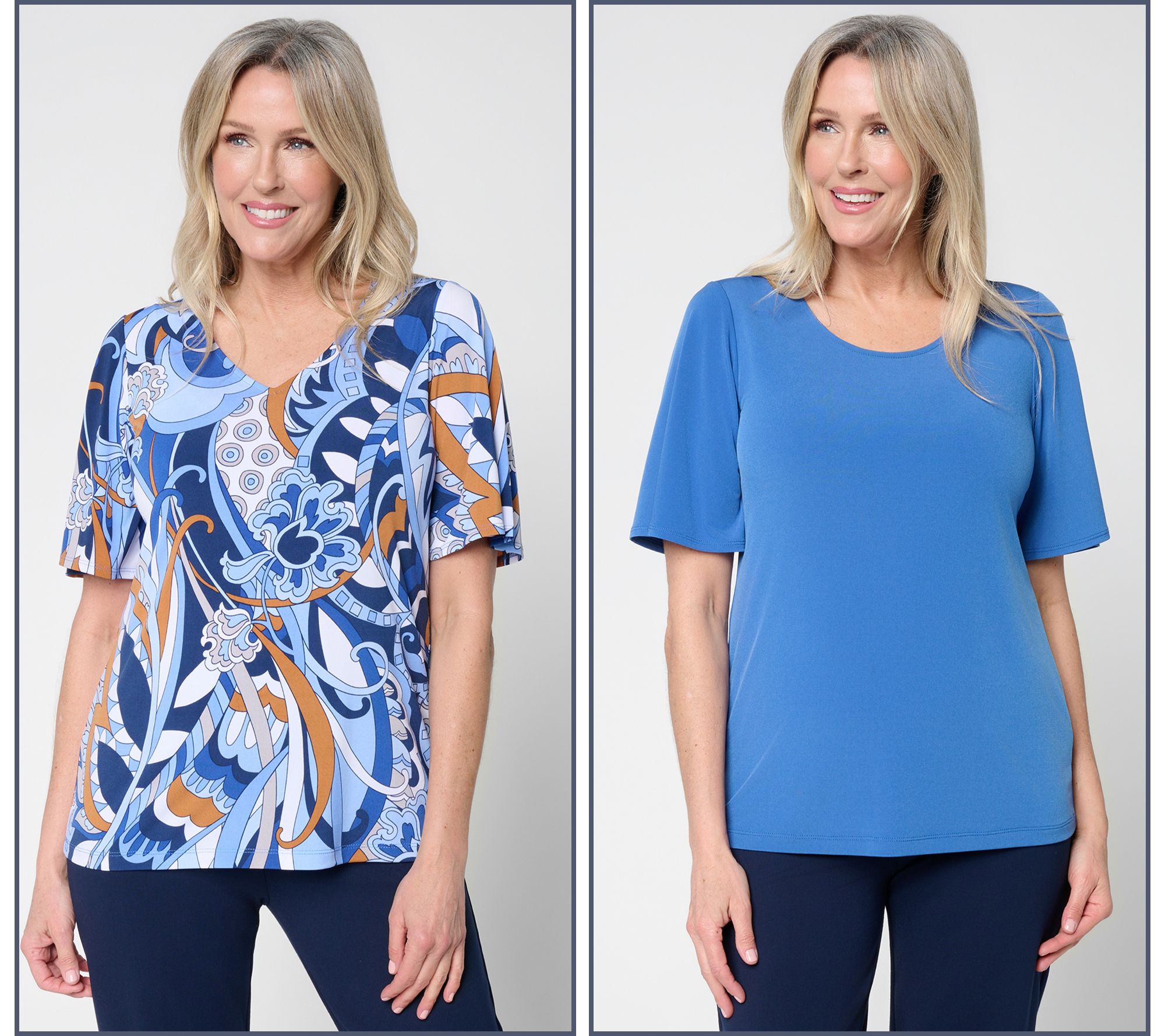 Susan Graver Set of Two Print & Solid Liquid Knit Tops