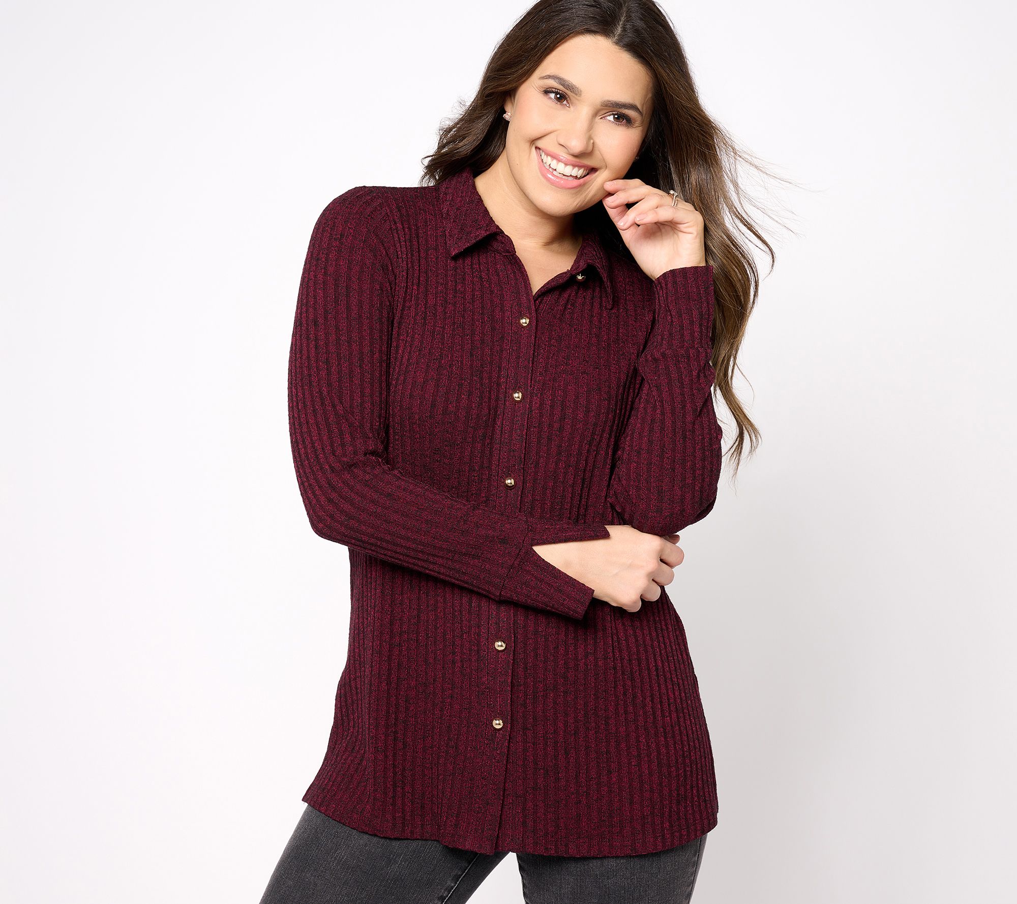 Susan Graver Petite Ribbed Sweater Knit Button-Front Tunic Shacket 