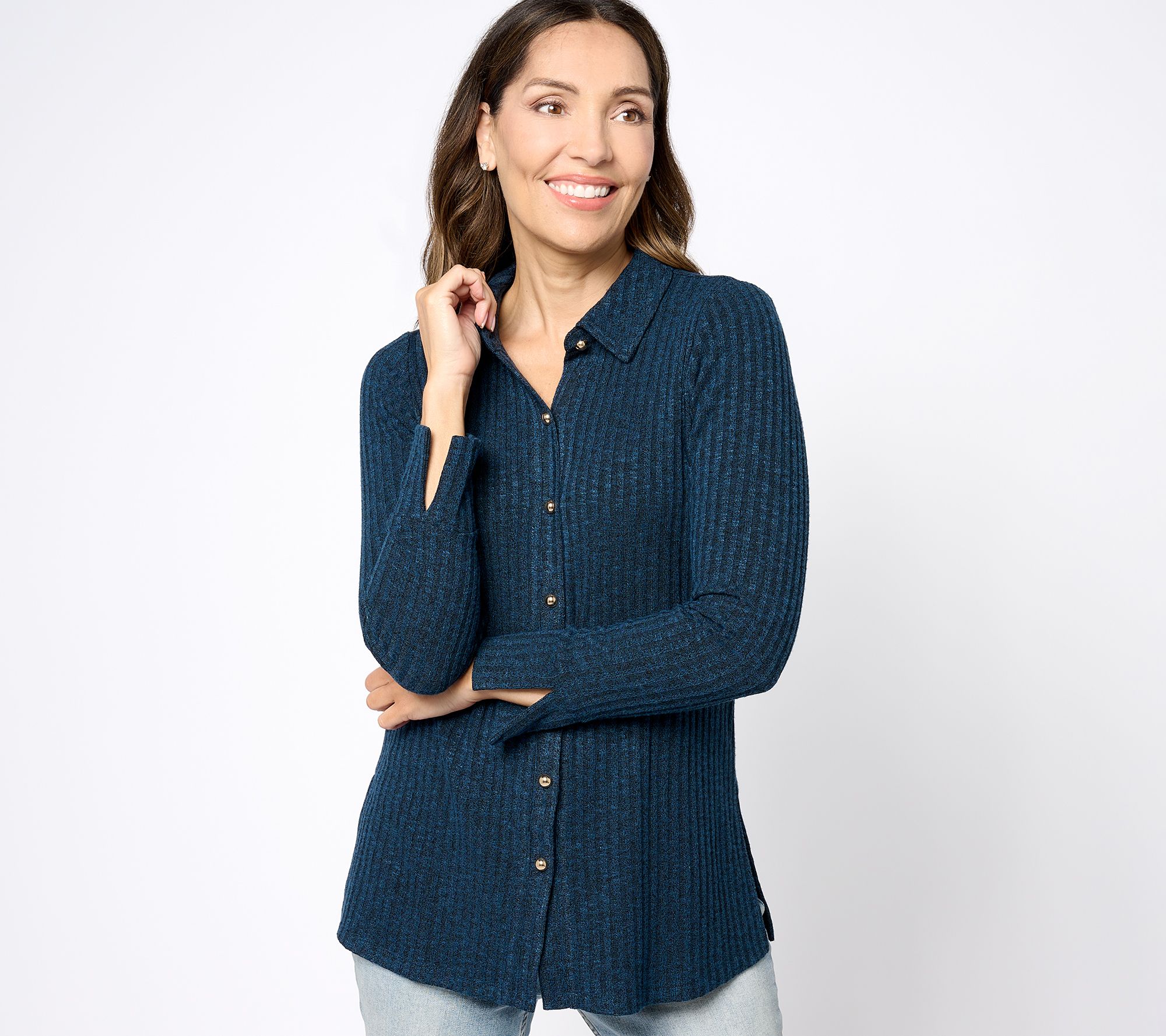 Susan Graver Petite Ribbed Sweater Knit Button-Front Tunic Shacket