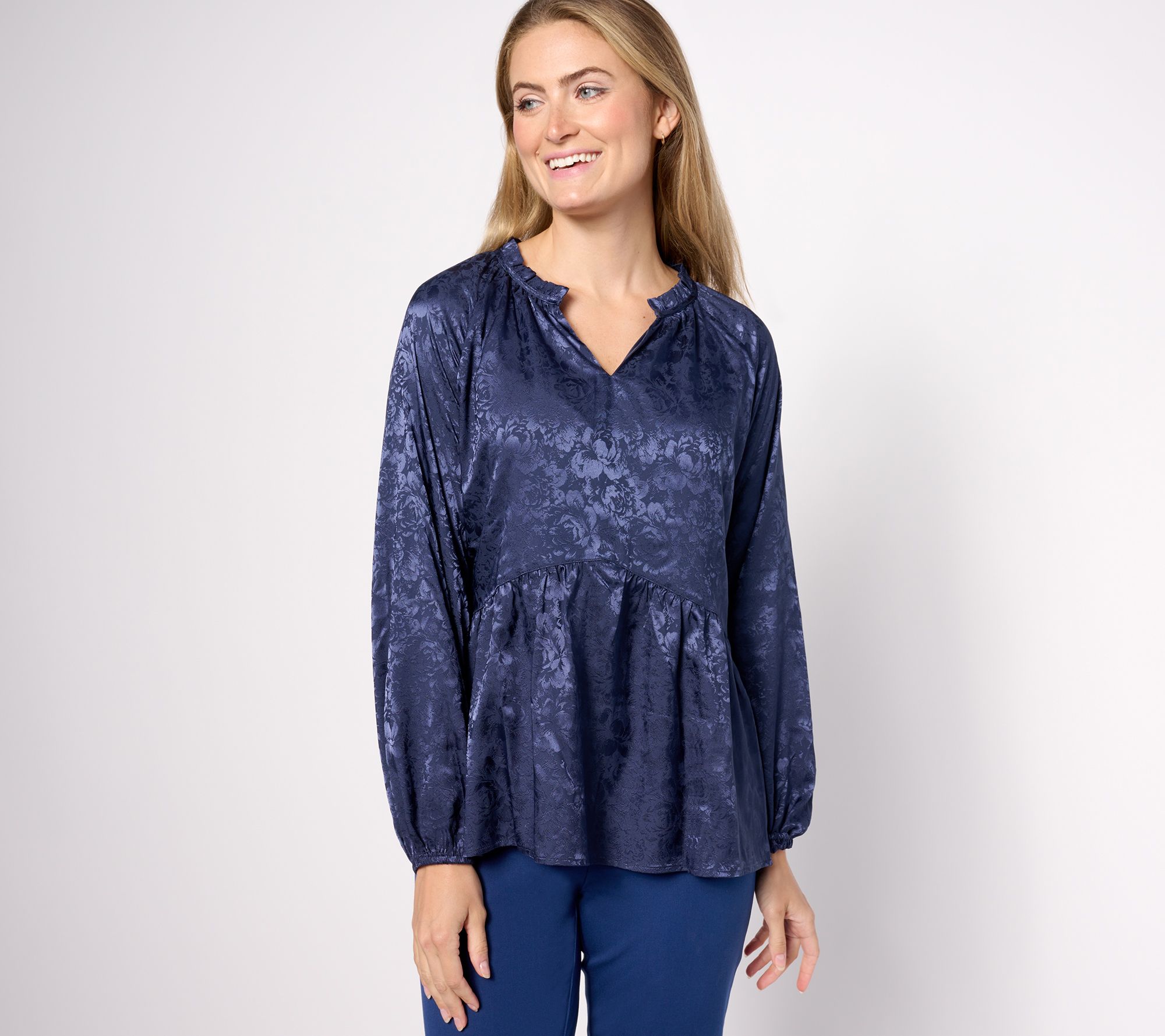 Isaac Mizrahi Live! Stretch Jacquard Shirred Peplum Blouse