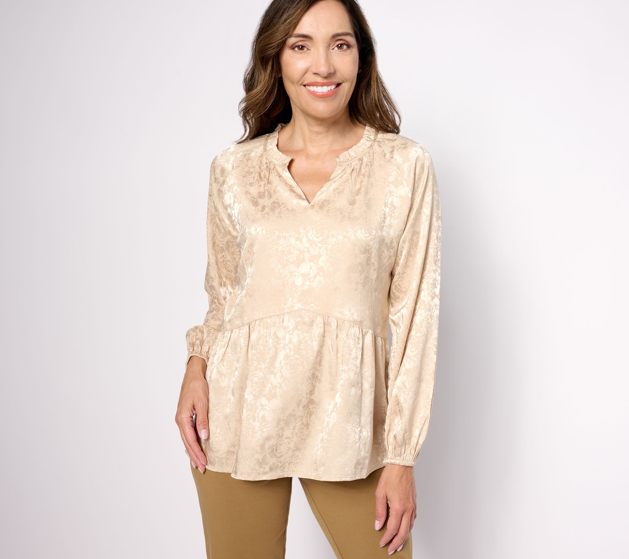 Isaac Mizrahi Live! Stretch Jacquard Shirred Peplum Blouse