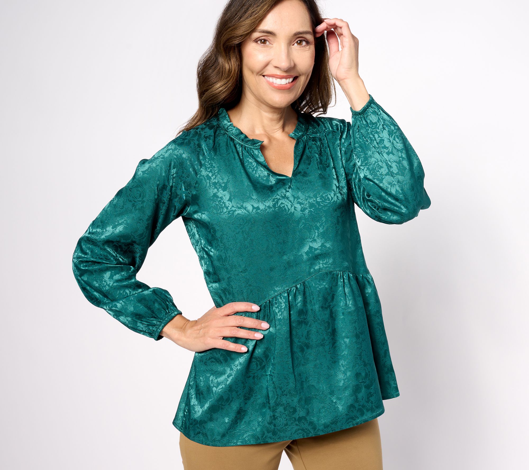 Isaac Mizrahi Live! Stretch Jacquard Shirred Peplum Blouse