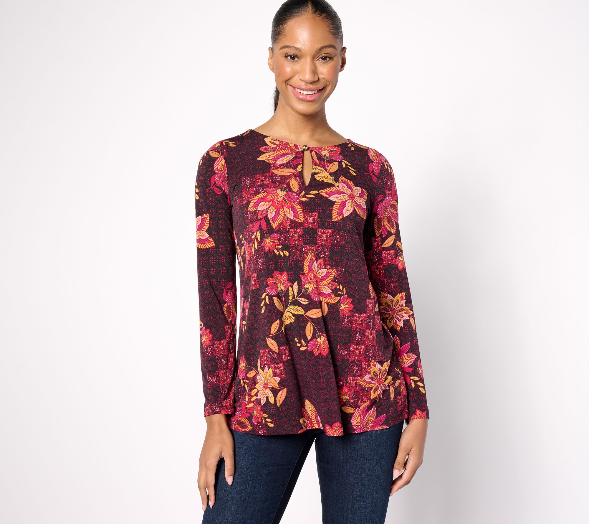 Susan Graver Regular Liquid Knit A-Line Tunic with Keyhole Detail