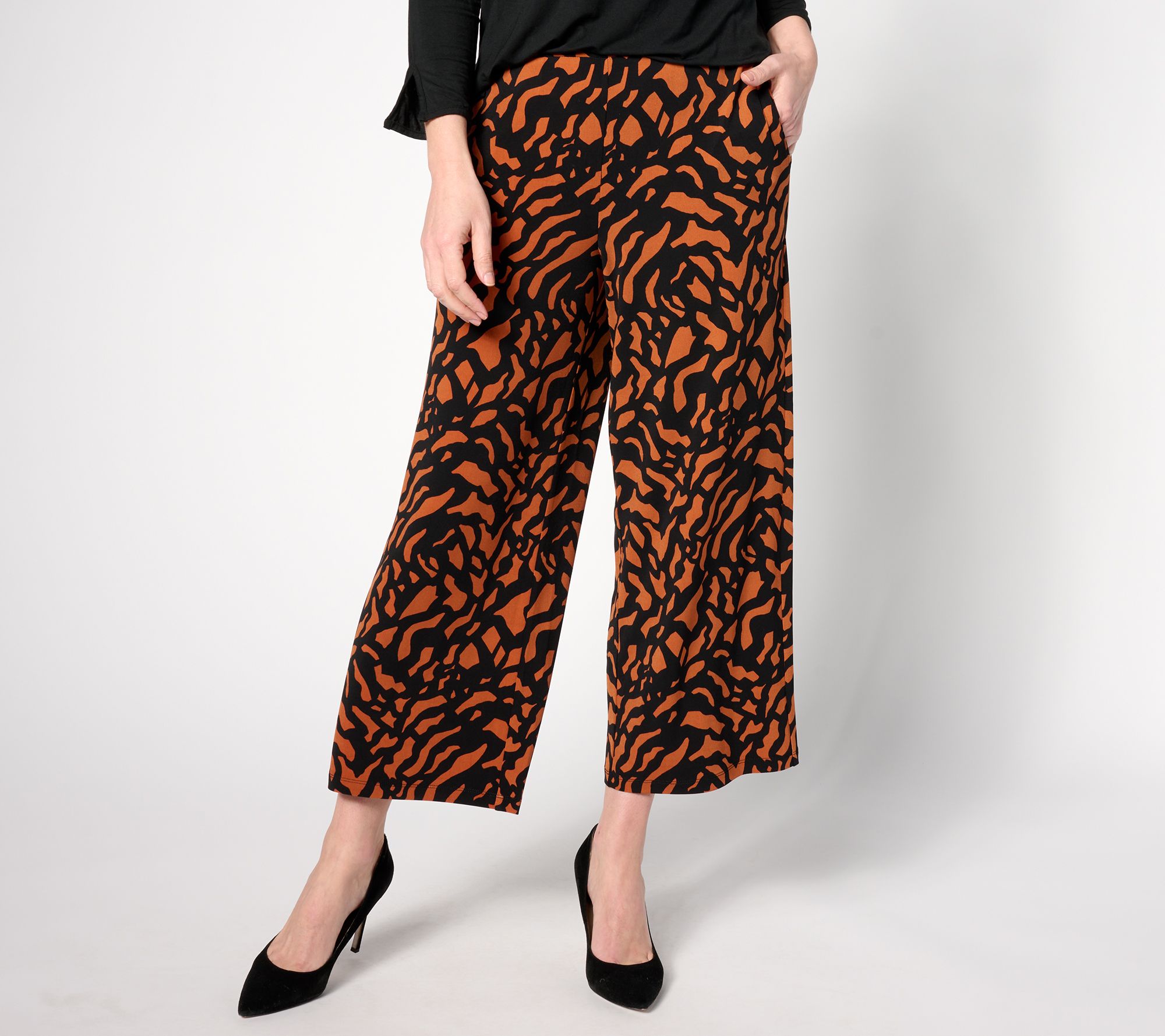 Susan Graver Petite Printed Liquid Knit Wide Leg Ankle Pants 