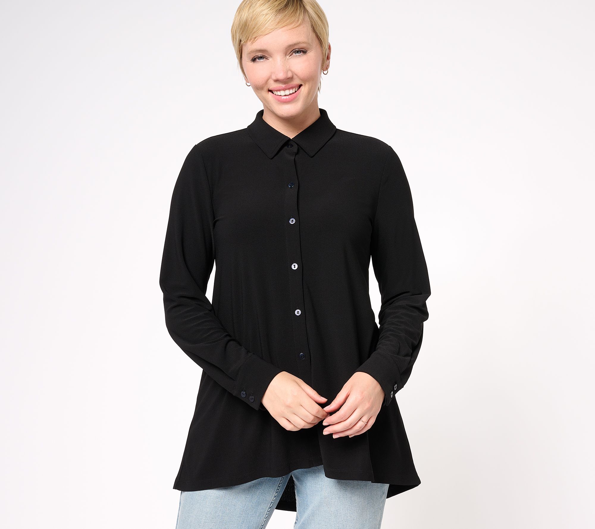 "As Is" Dennis Basso Caviar Crepe Knit Button Front Big Shirt