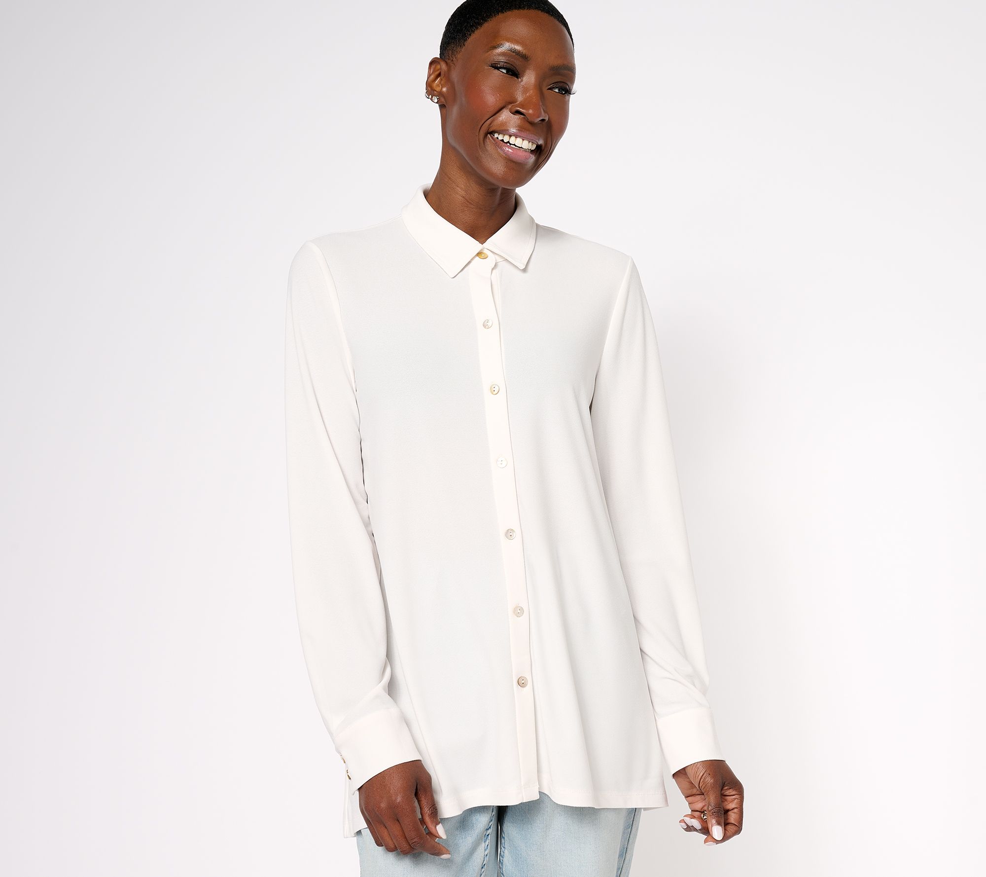 "As Is" Dennis Basso Caviar Crepe Knit Button Front Big Shirt