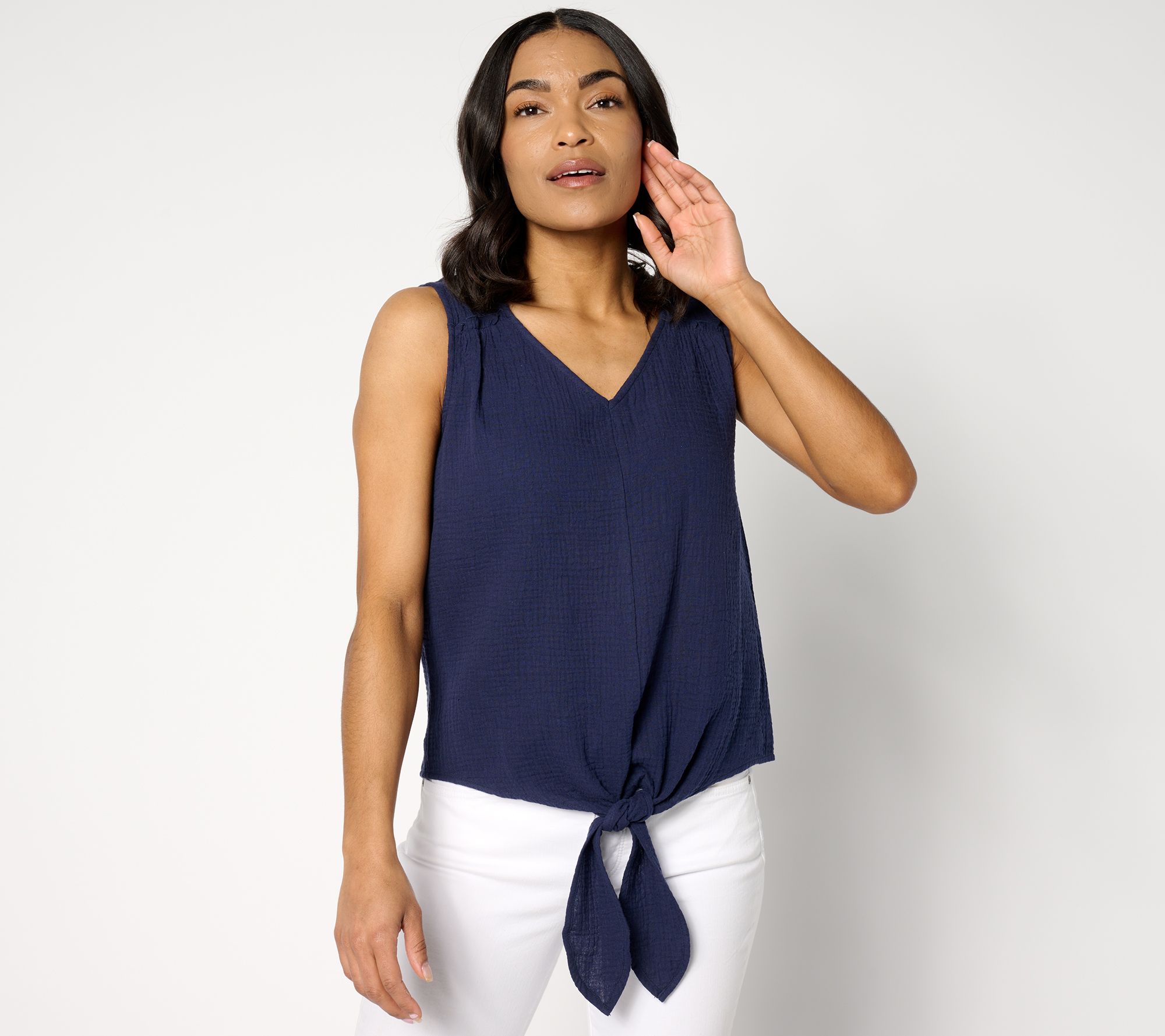 Belle Beach by Kim Gravel Cotton Gauze Tie-Front Tank w/ Ruffle Trim