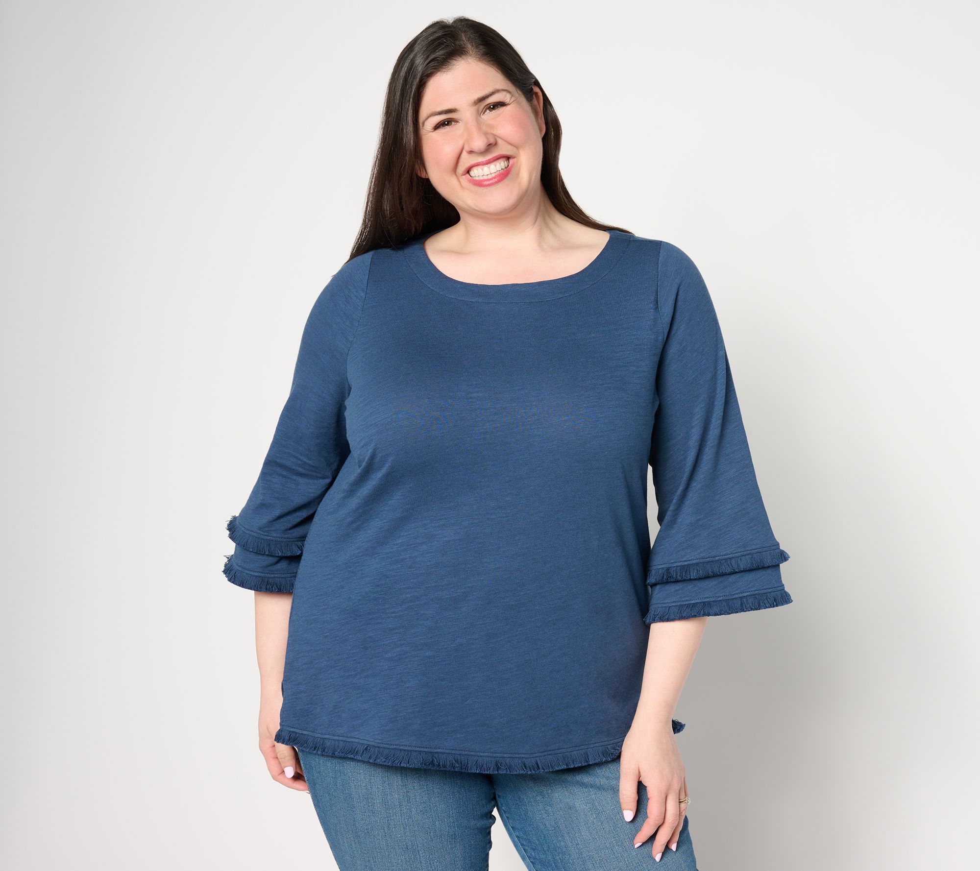 Belle by Kim Gravel Slub Knit Fringe Benefits 3/4 Sleeve Top
