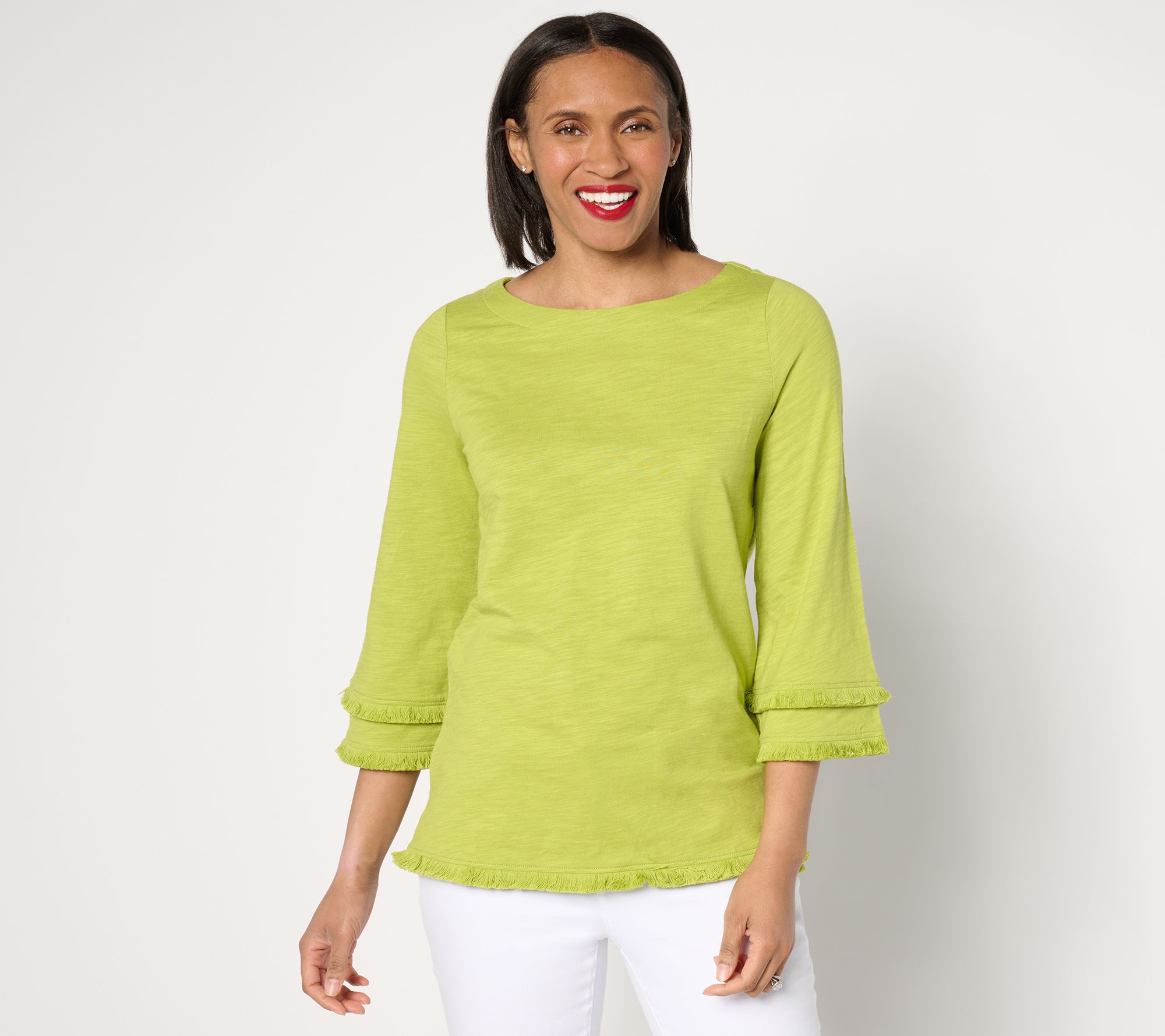 Belle by Kim Gravel Slub Knit Fringe Benefits 3/4 Sleeve Top