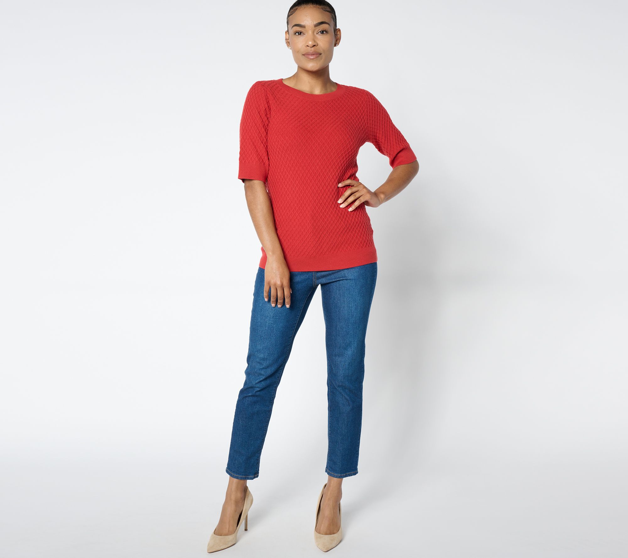 Susan Graver Novelty Stitch Fine Gauge Sweater with Elbow Sleeves