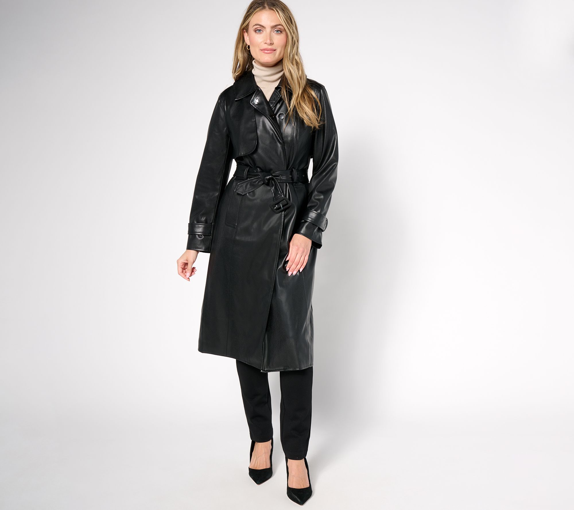 by Stacy London Regular Embossed Snake Faux-Leather Trench Coat