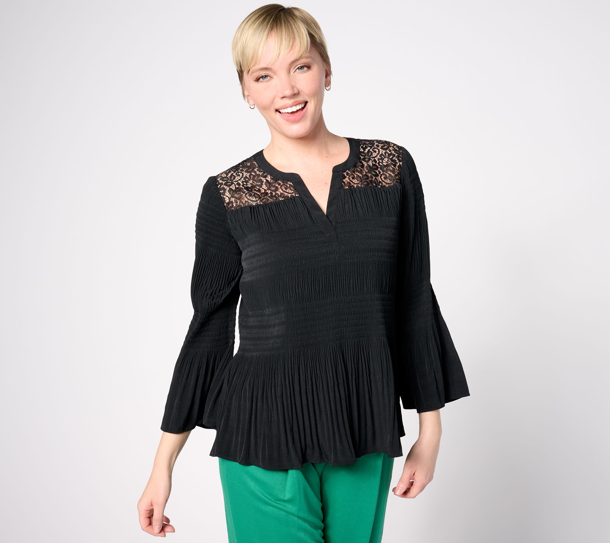 "As Is" Isaac Mizrahi Live! Woven Crepe Peplum Blouse with Lace Trim