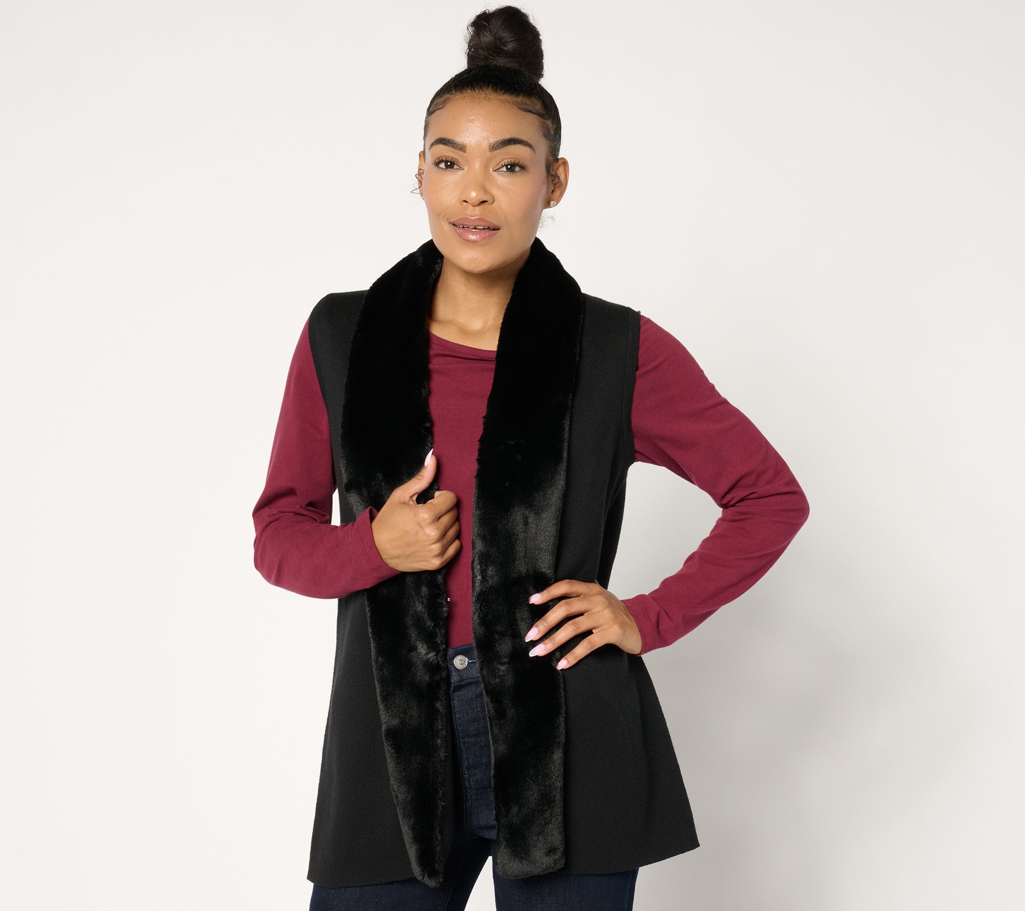 Denim & Co. Jacquard or Solid Faux Fur Trim Vest