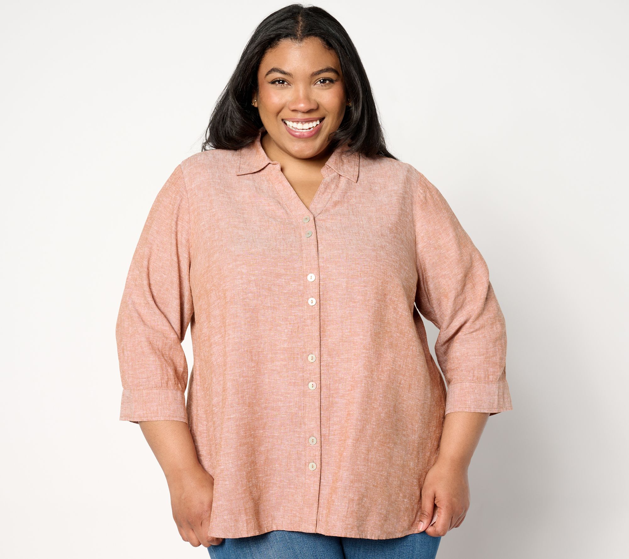 "As Is" Joan Rivers Double Button Linen Boyfriend Swing Shirt