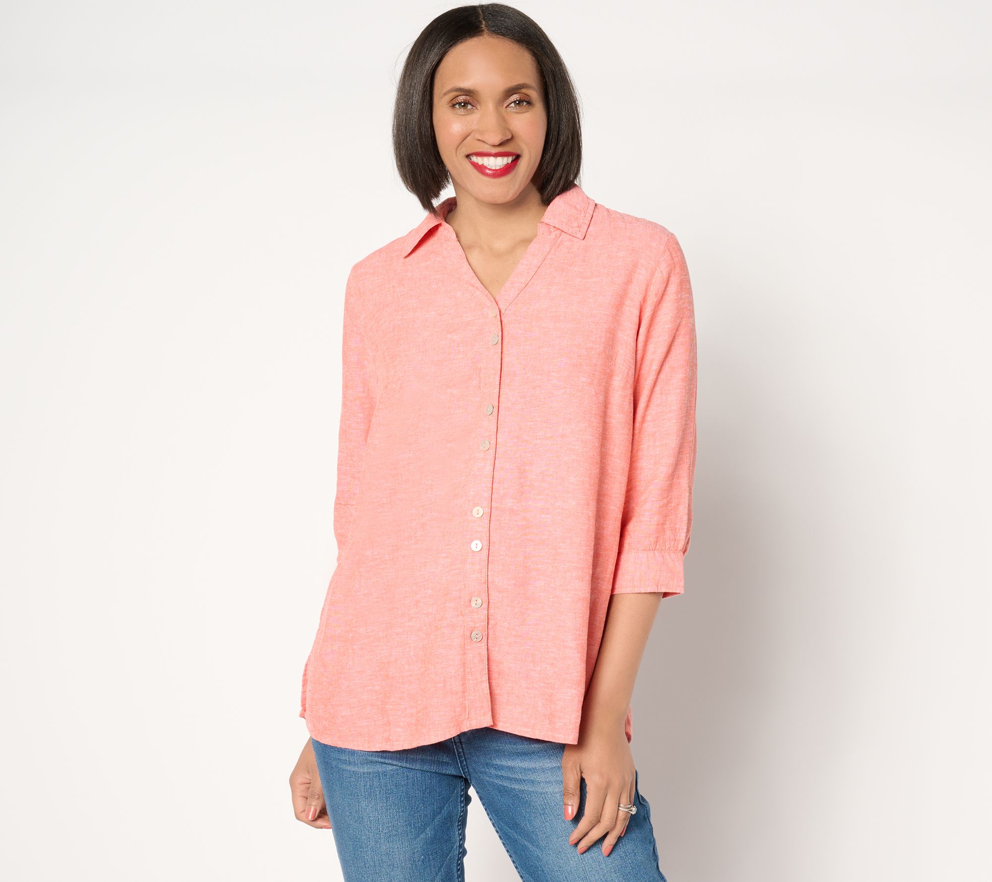 "As Is" Joan Rivers Double Button Linen Boyfriend Swing Shirt