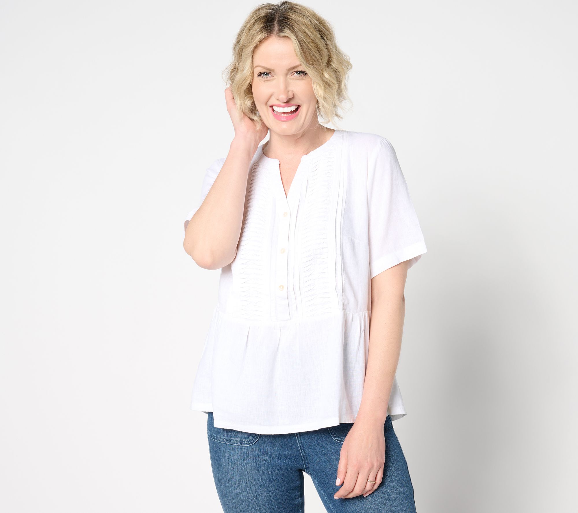 "As Is" Denim & Co. Naturals Linen Blend Pleated Blouse