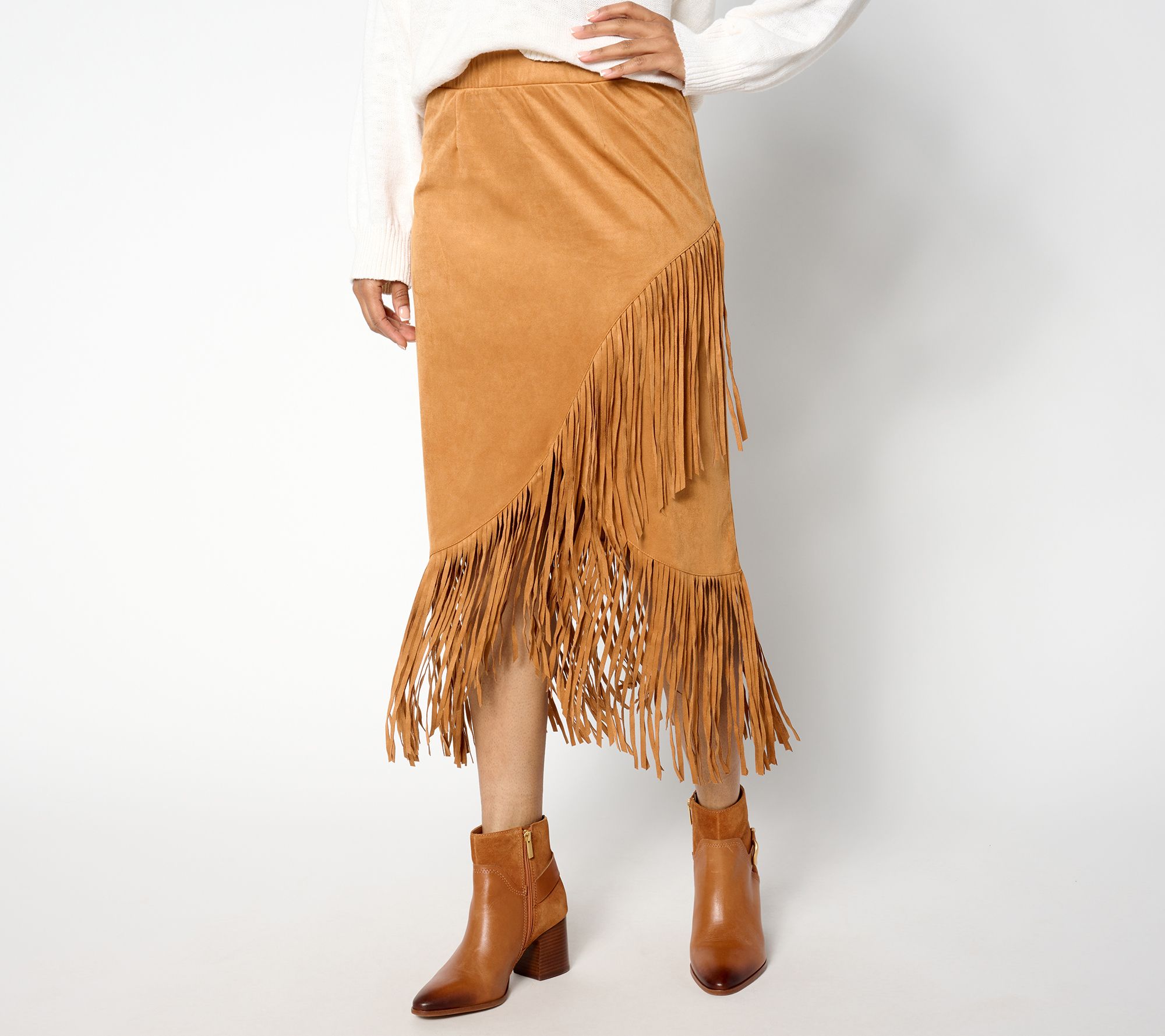 "As Is" American West Faux Suede Knit Fringe Skirt