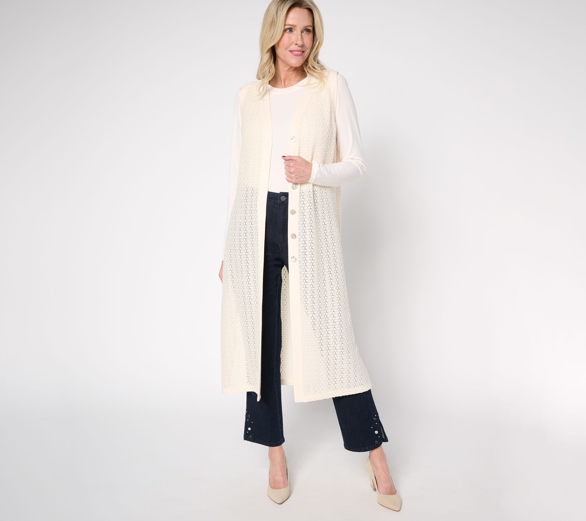 Dennis Basso Petite Textured Pointelle Duster Vest