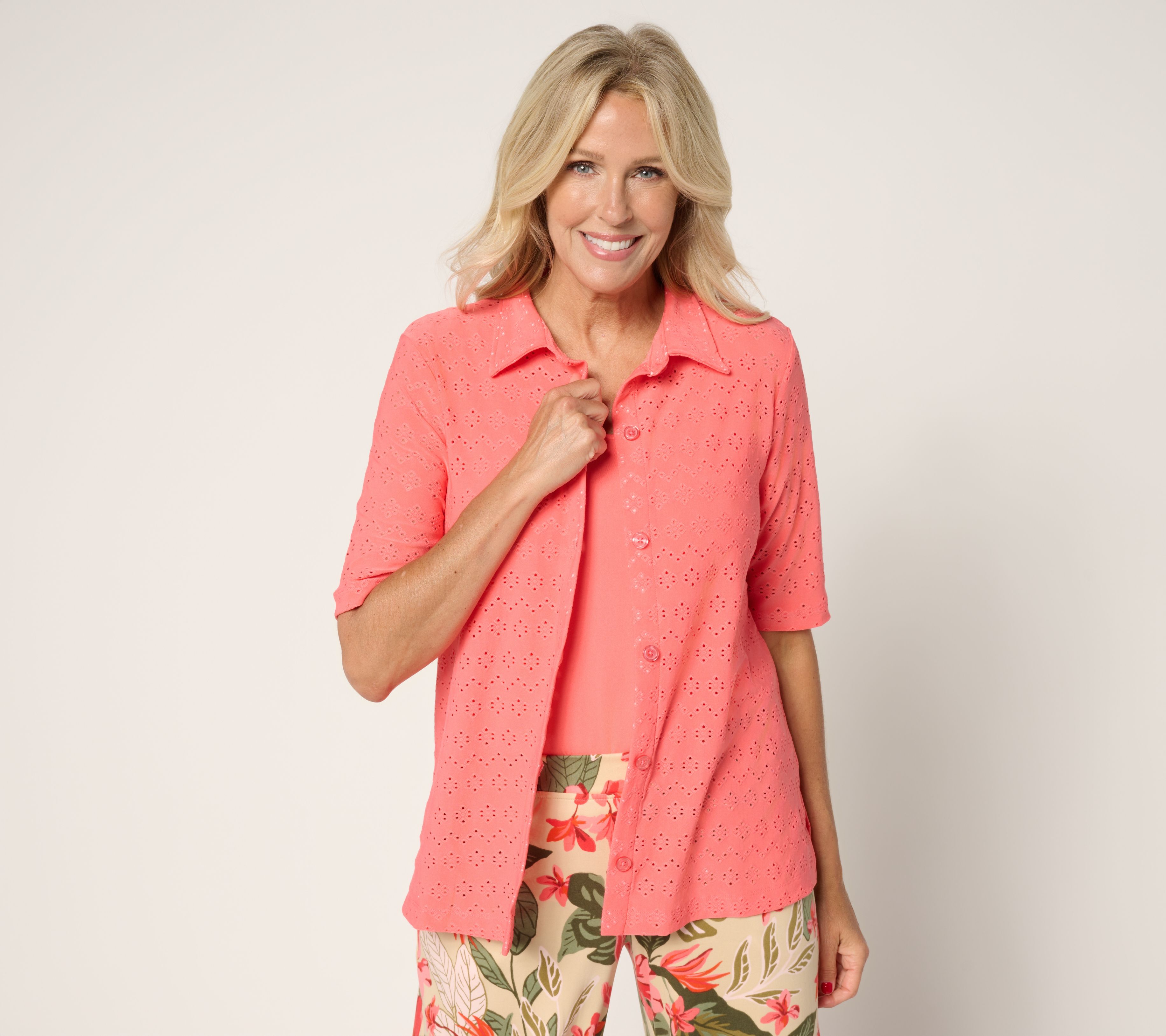 Cuddl Duds Eyelet Button Up Collared Top