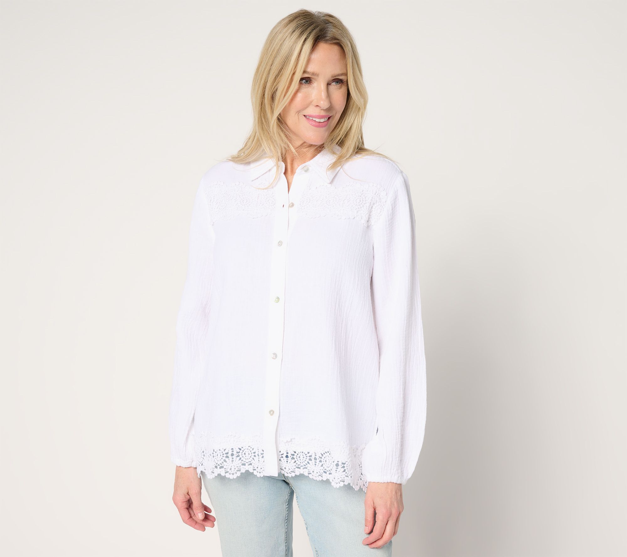 Susan Graver PURE Petite Cotton Gauze Button Front Tunic w/Lace