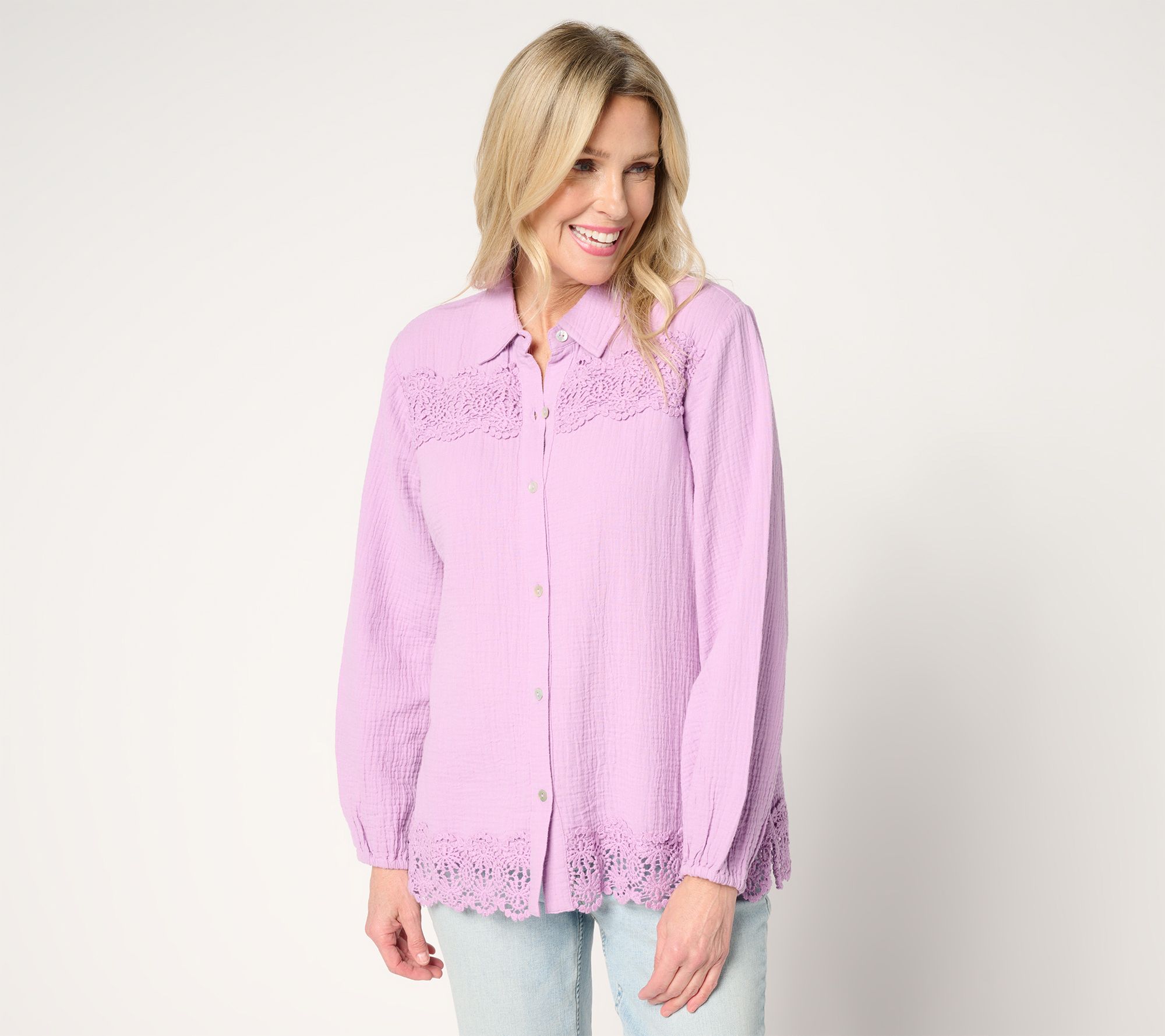 Susan Graver PURE Petite Cotton Gauze Button Front Tunic w/Lace