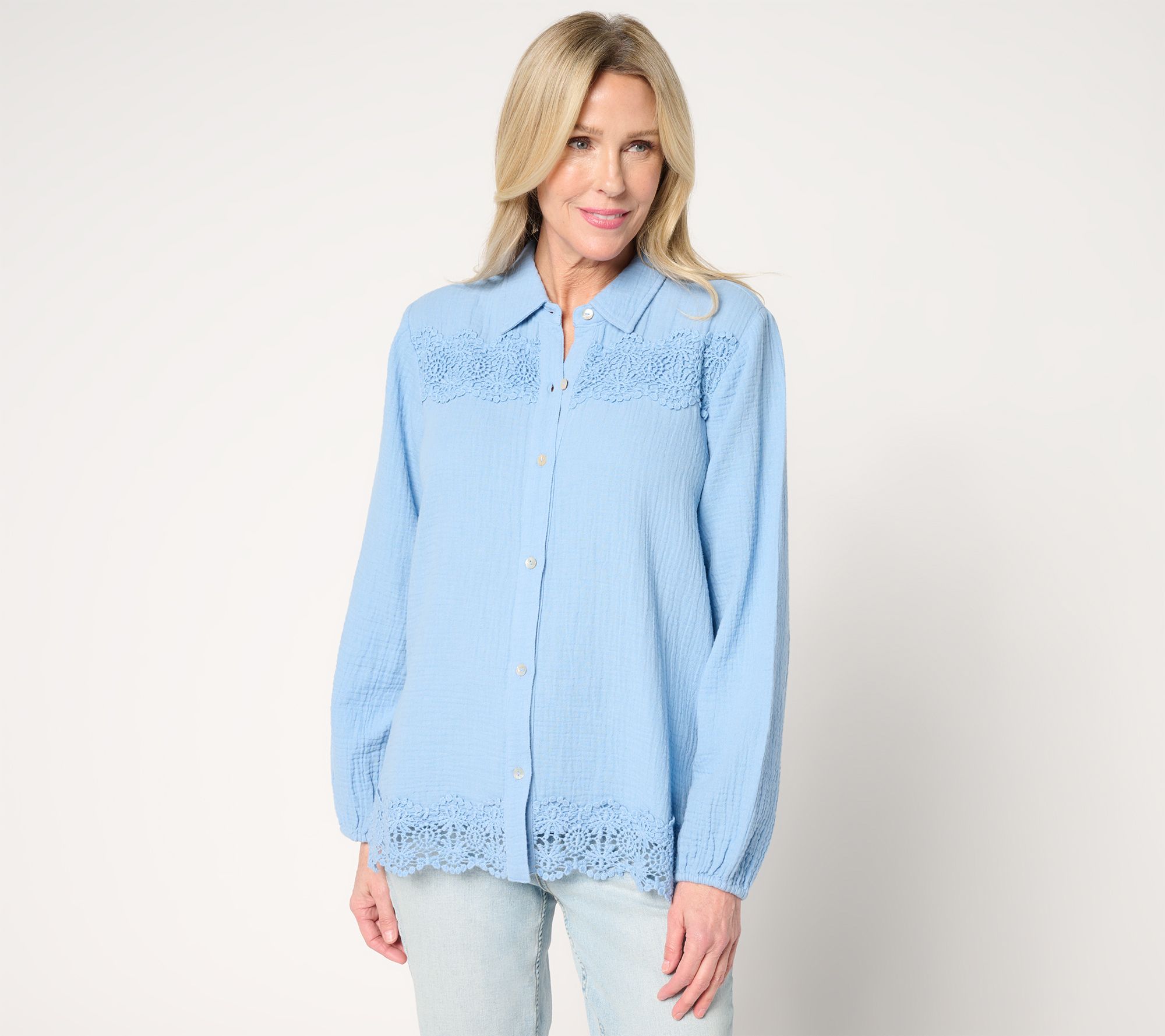 Susan Graver PURE Petite Cotton Gauze Button Front Tunic w/Lace