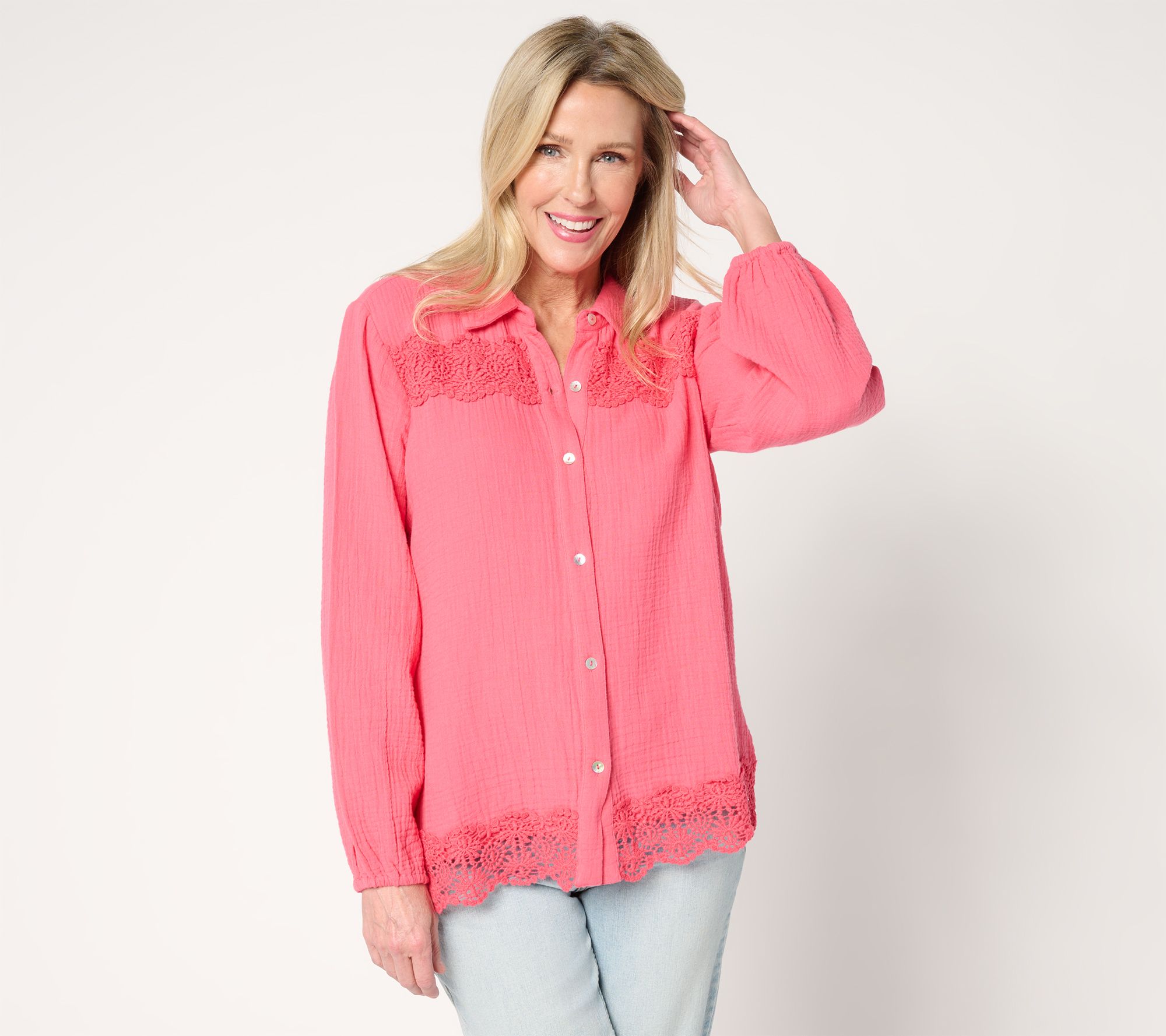 Susan Graver PURE Petite Cotton Gauze Button Front Tunic w/Lace