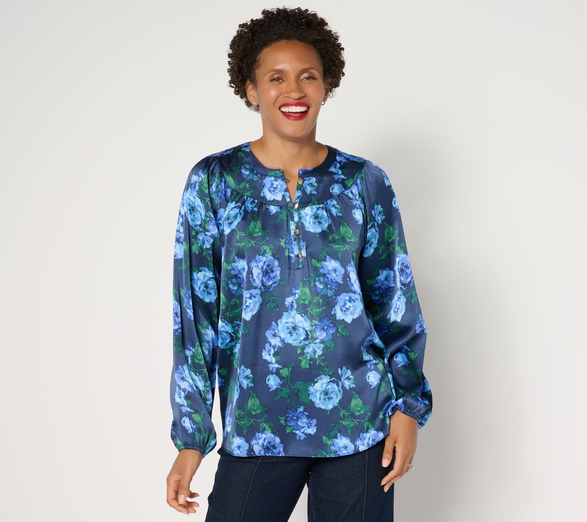 "As Is" Isaac Mizrahi Live! Printed Stretch Hammered Satin Blouse