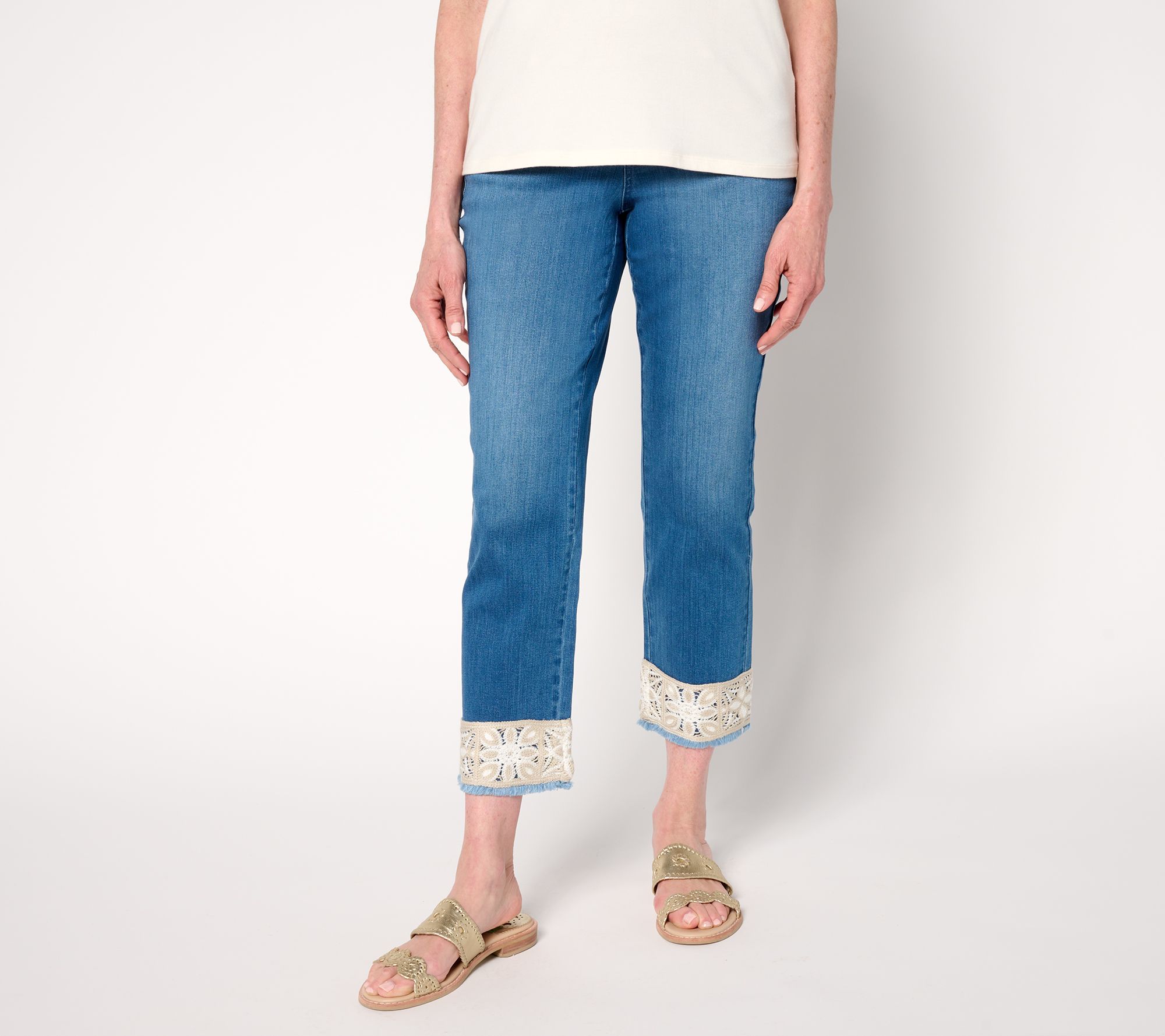 Belle by Kim Gravel Petite TripleLuxe Denim Crochet Cropped Pant