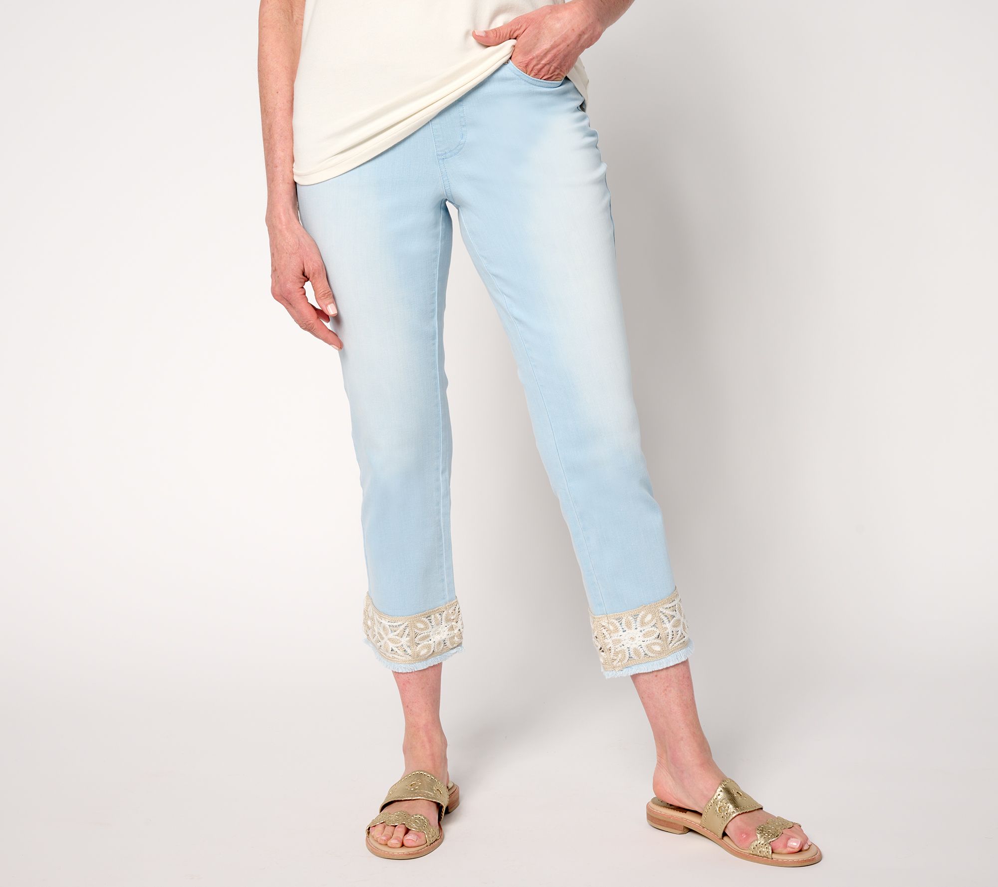 Belle by Kim Gravel Petite TripleLuxe Denim Crochet Cropped Pant