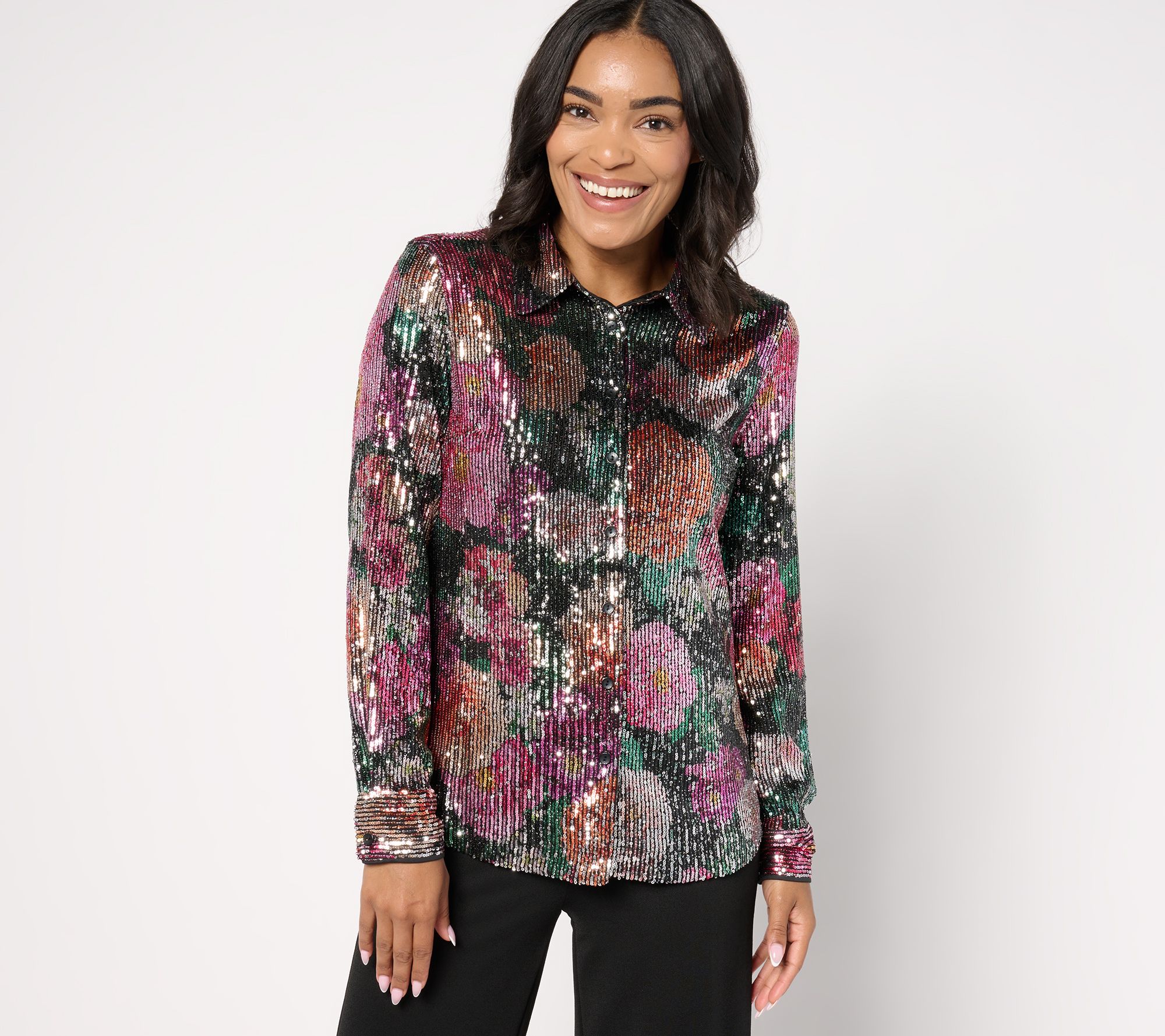 "As Is" Isaac Mizrahi Live! Always Isaac Printed Sequin Button Top